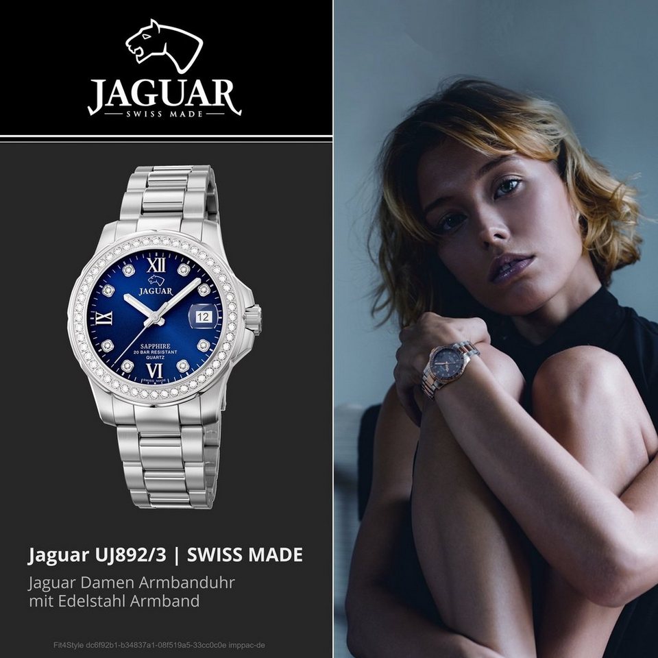 JAGUAR Quarzuhr Jaguar Edelstahl Damen Uhr J892/3 Analog, Damenuhr mit  Edelstahlarmband, rundes Gehäuse, mittel (ca. 34mm), Fash