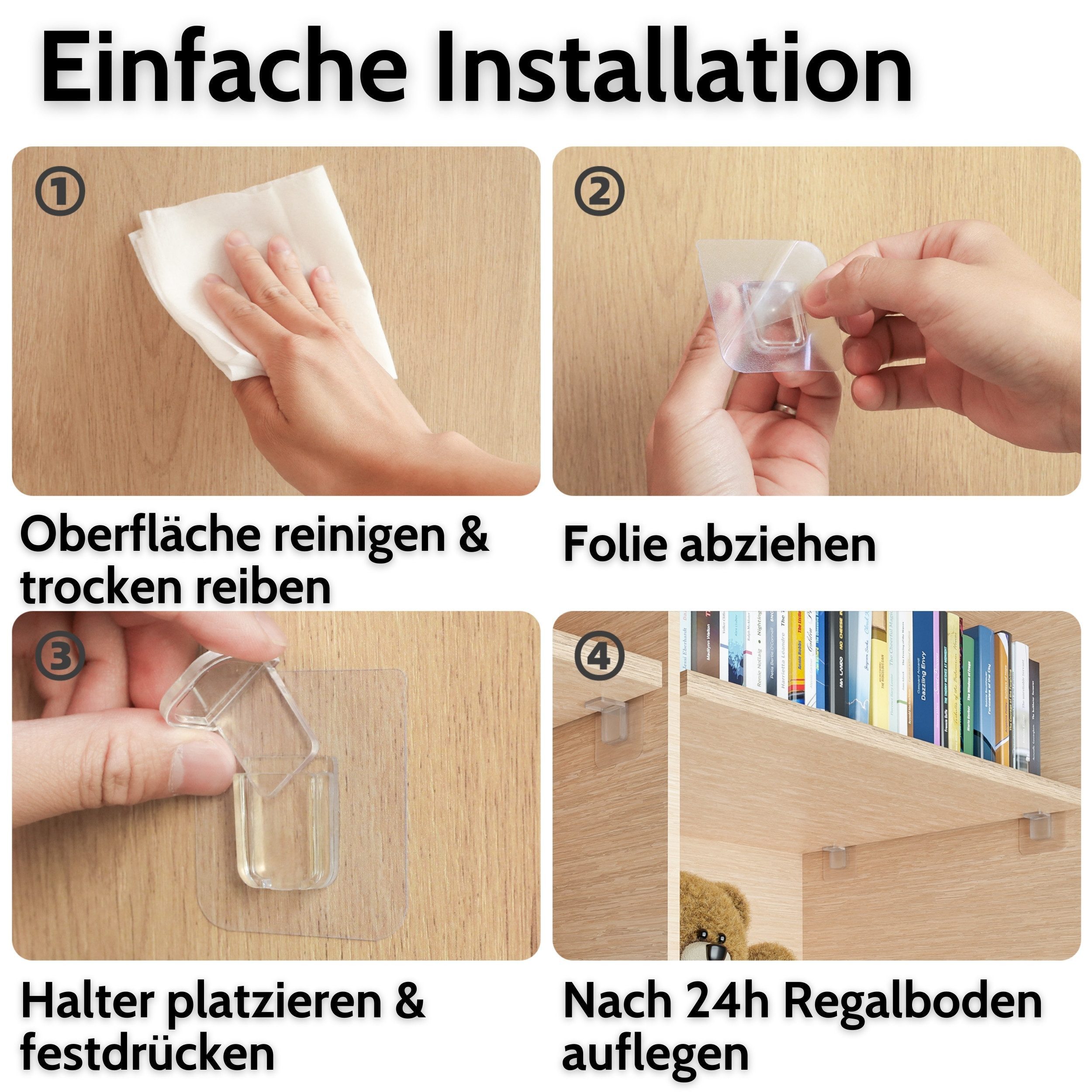 DEKAZIA Wandregalhalter ohne Bohren, Regalbodenhalter selbstklebend, Träger für Regalböden, versch. Größen & Lasten, 4er, 10er, 16er Set 16-tlg., Regalbodenträg – Bild 4 von 5