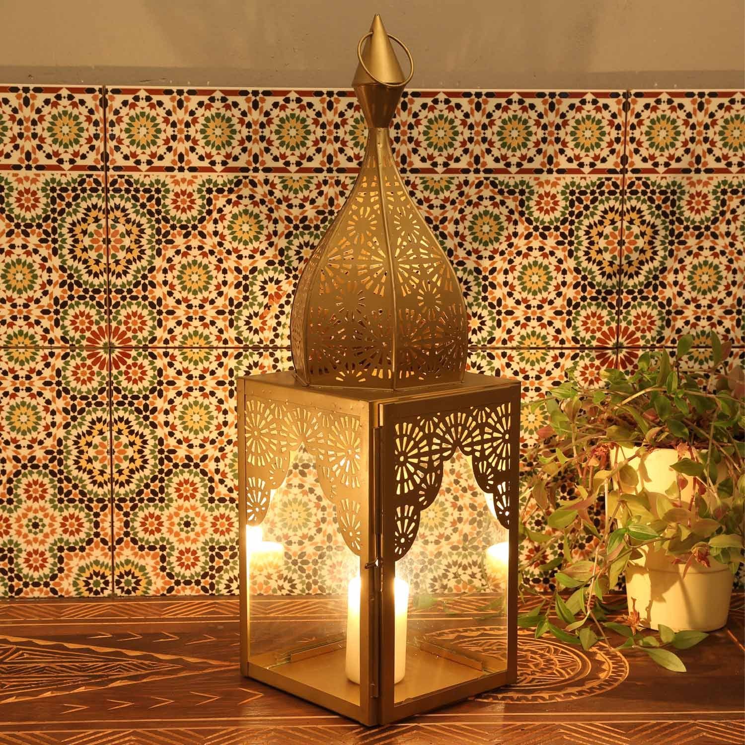 Glaslaterne, schöne Höhe Laterne Casa aus Handarbeit Form, (Minaretten 60cm Gold Windlicht Windlicht Marokkanische L Metall aus Glas Modena Moro Kerzenhalter, & traditioneller Weihnachtsbeleuchtung), Orientalische IRL640