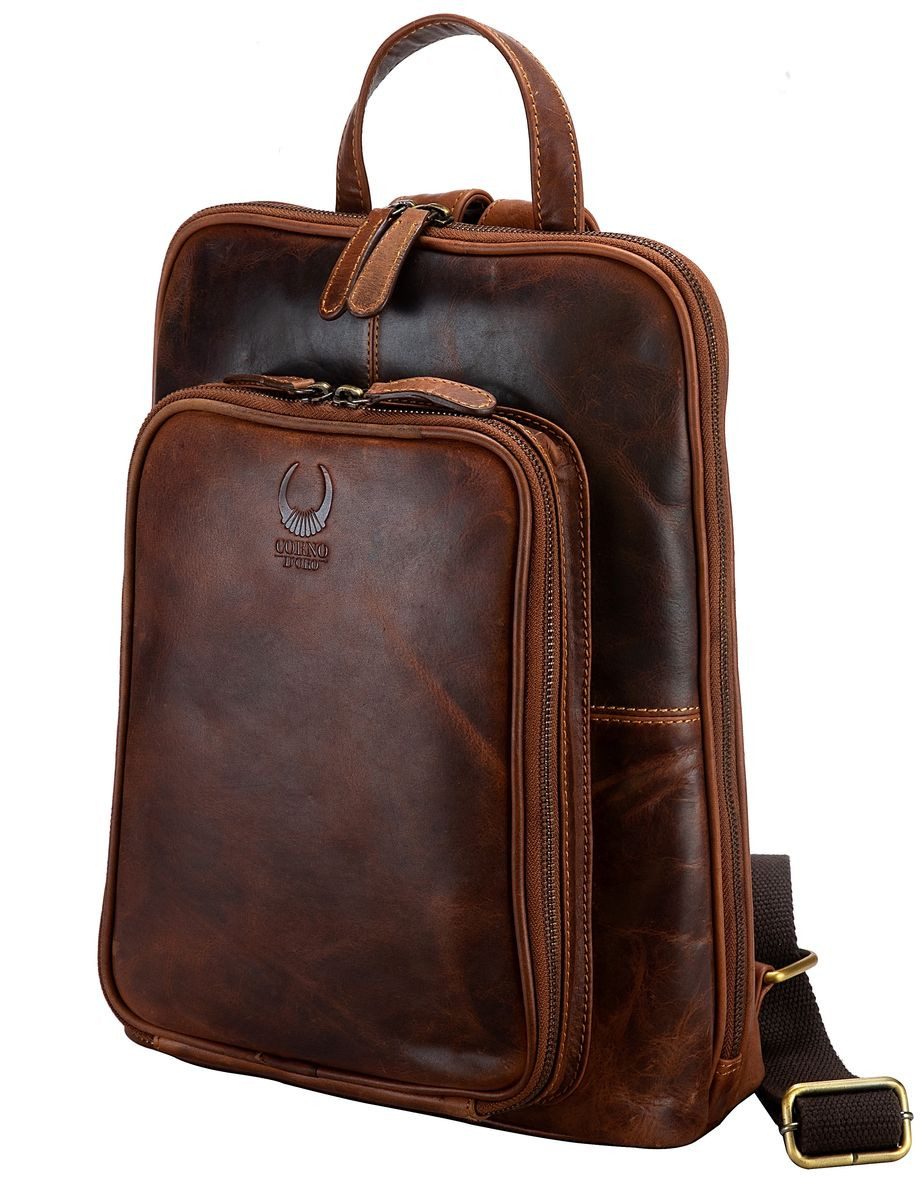 Corno d´Oro Cityrucksack Premium Rucksack Damen Echt Leder mittelgroß Vintage Braun, Handgefertigt, für 14 Zoll Laptop, mit Organizer Fronzfach
