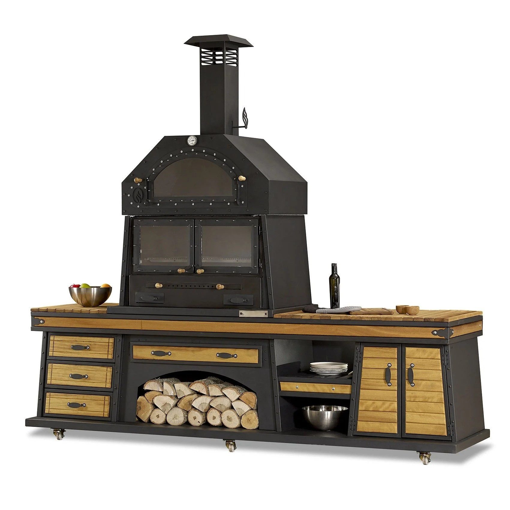 JVmoebel Outdoor-Küche Elegante schwarze Außenküche aus Holz und Edelstahl für Garten, Made in Europe