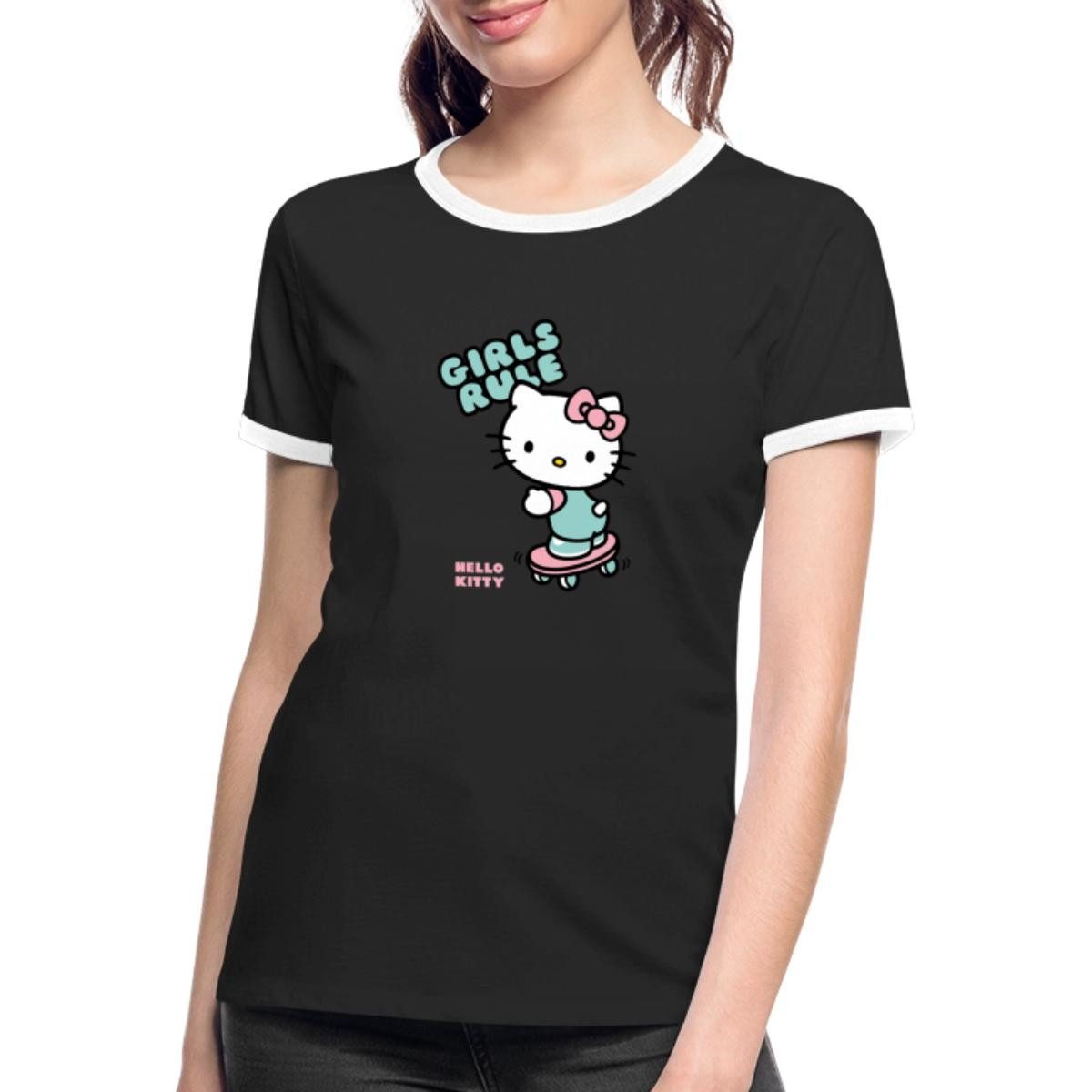 Spreadshirt T-Shirt Hello Kitty Auf Skateboard Girls Rule Frauen Kontrast T-Shirt (1-tlg)