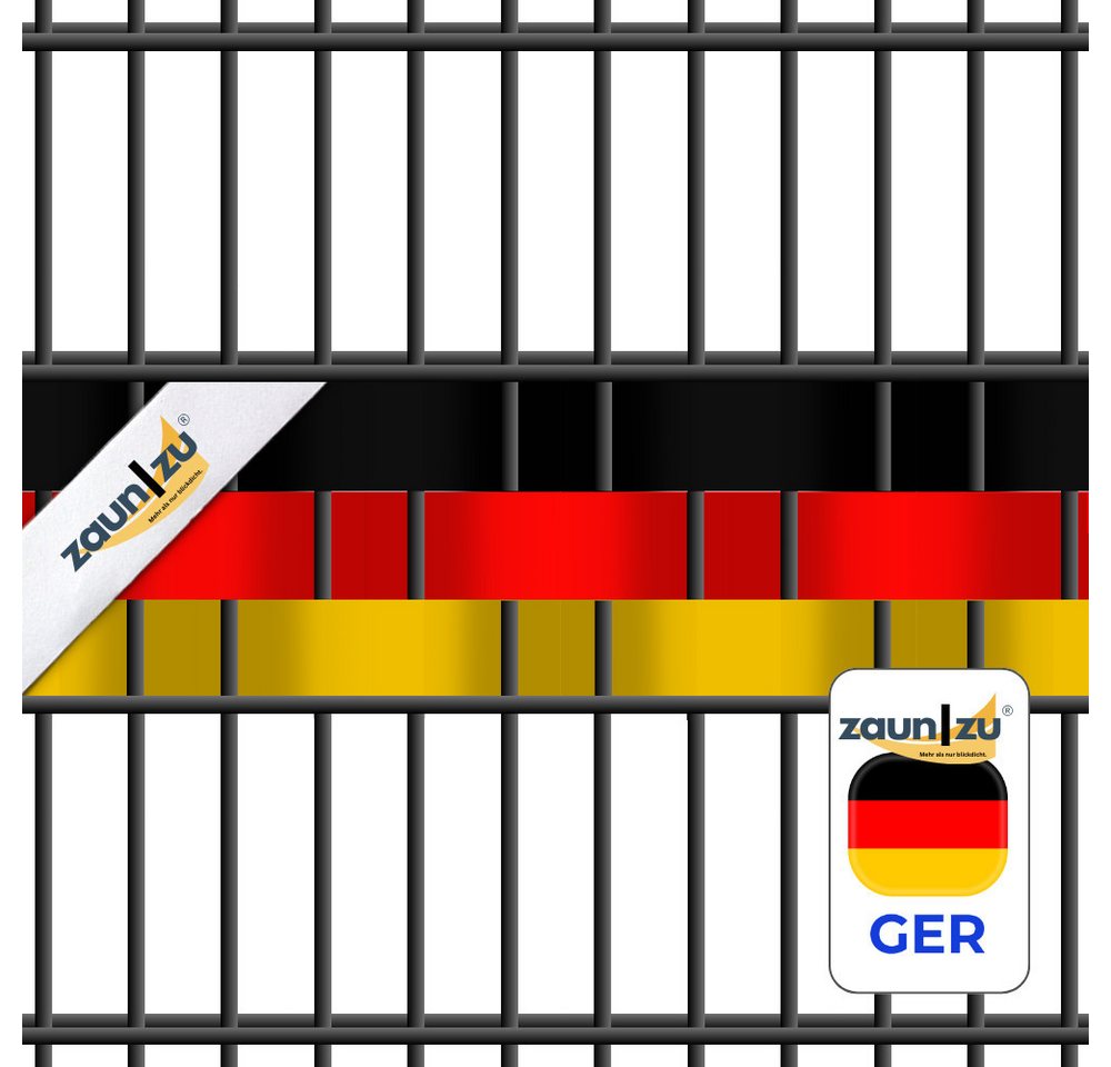 Thumbnail - zaunzu Sichtschutzstreifen Deutschland für Doppelstabmatten Volle Streifenbreite GELOCHT, (1 Set, PP Laserstreifen Zaun)...