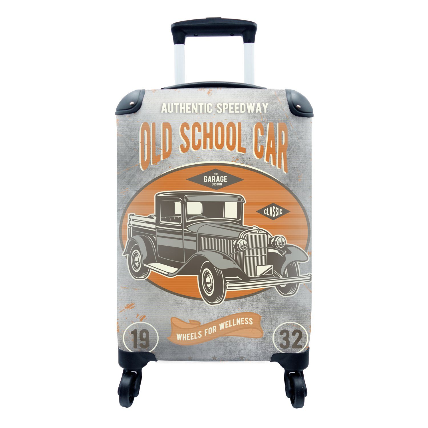 MuchoWow Handgepäckkoffer Mancave - Auto - Retro - Zeichnung, 4 Rollen, Reisetasche mit rollen, Handgepäck für Ferien, Trolley, Reisekoffer