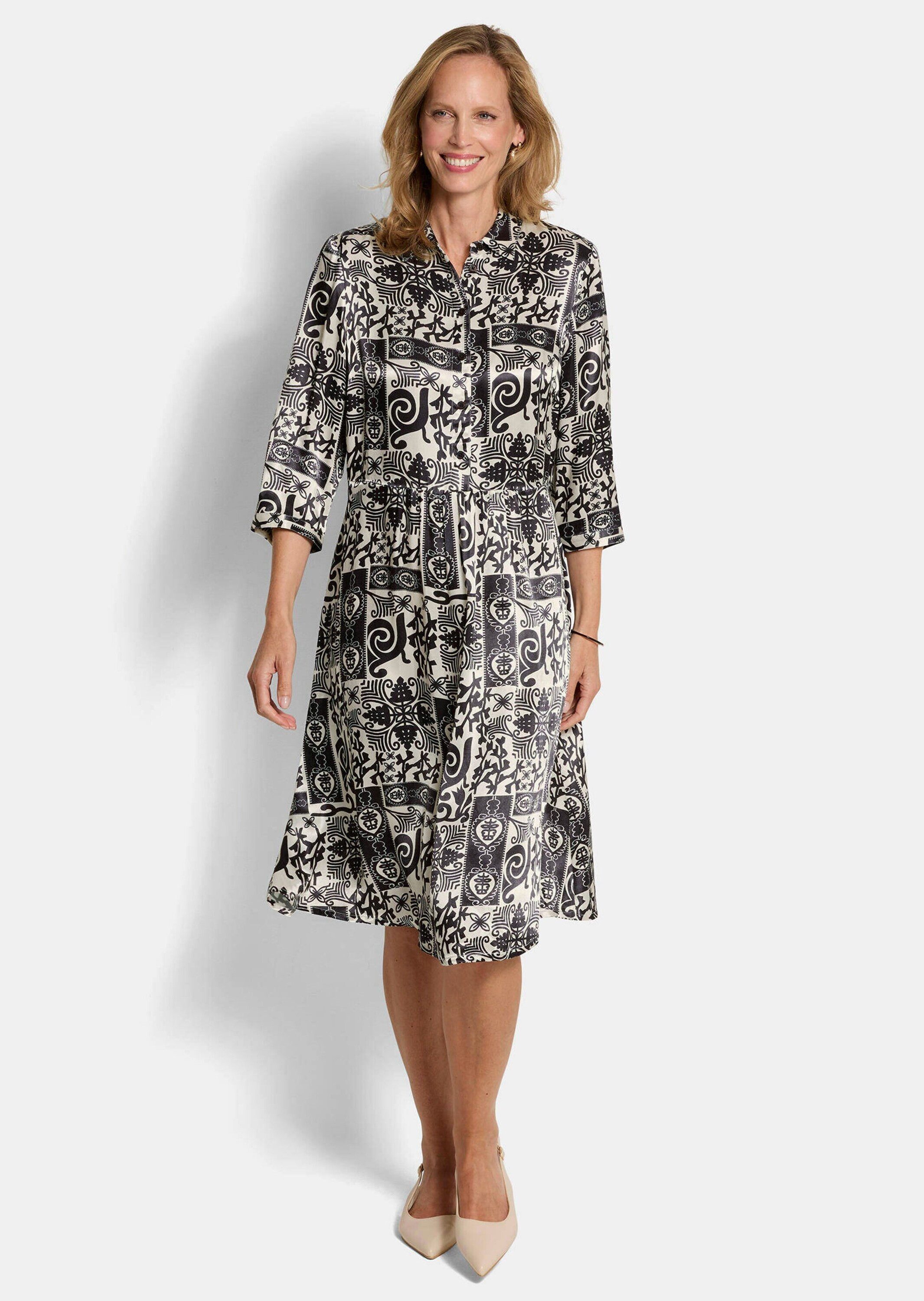 GOLDNER Sommerkleid Viskosekleid mit Bicolor-Print Druckkleid mit Hemdkragen, Knopfleiste, Knielänge und 3/4-Arm