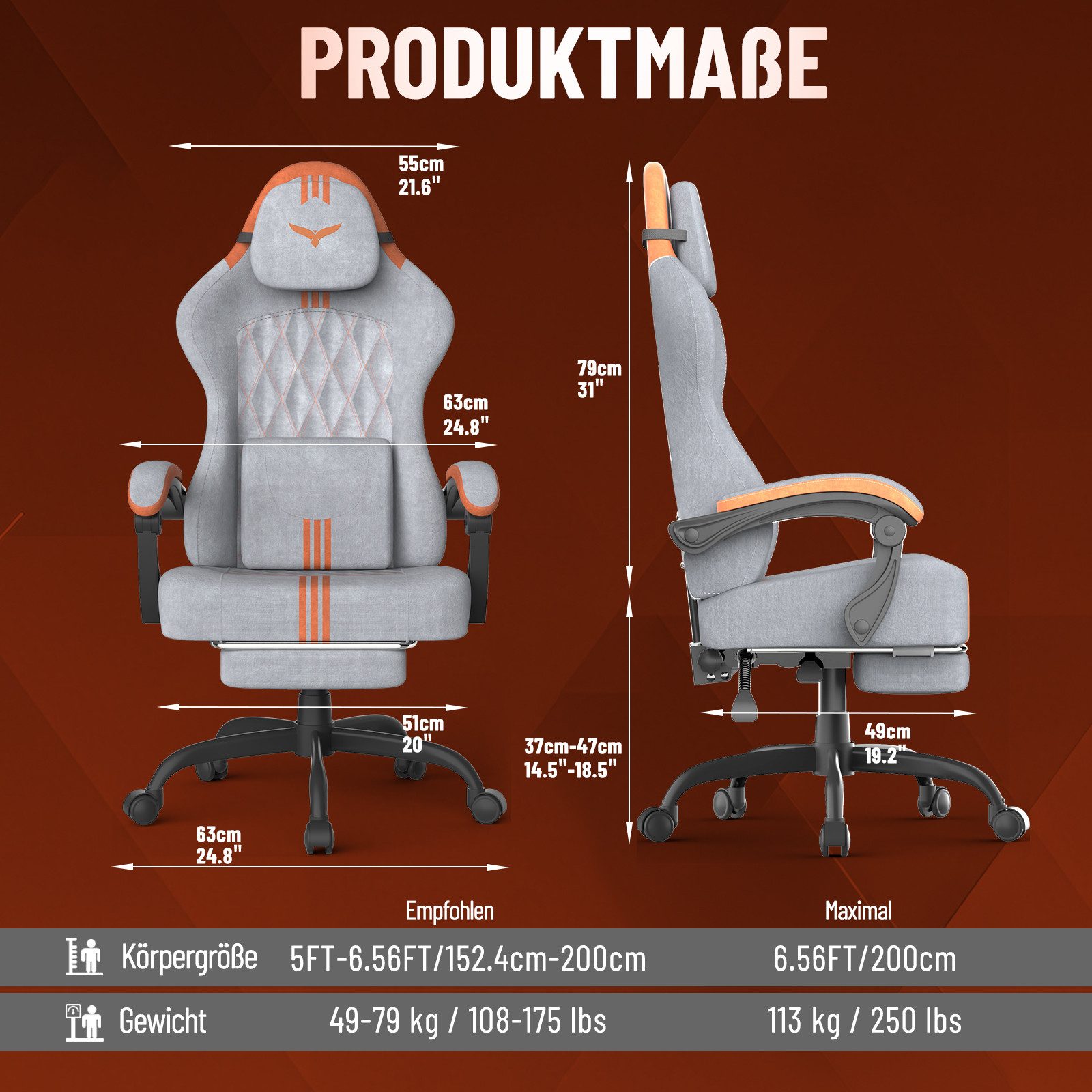 Huracan Gaming-Stuhl Gaming Chair mit Massagefunktion Kopfstütze & Fußstütze, (Gamer Stuhl,Gaming Sessel), Verstellbare Rückenlehne 90-135°,Höhenverstellbar – Bild 2 von 5