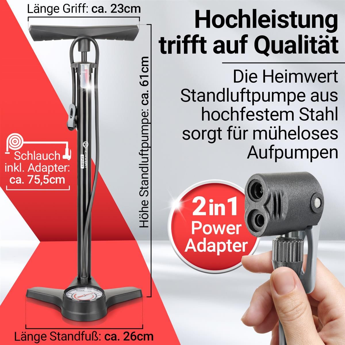 HEIMWERT Luftpumpe Fahrradpumpe Standpumpe für alle Ventile mit Manometer bis 12 bar