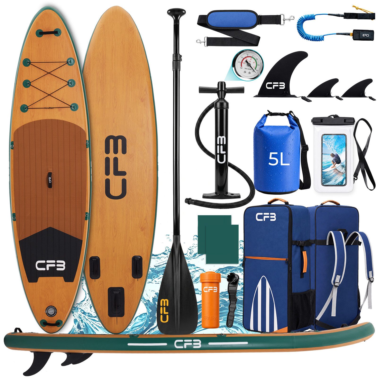 CFB SUP-Board Holzoptik 320x84x15 cm, Belastbarkeit 160 kg, Aufblasbares Stand Up Paddle Board, (extra breites iSUP Set, 12 tlg., mit Alu-Paddel, Pumpe, Rucksack, Dry Bag, Leash und Schultergurt), Inflatable SUP-Board für Anfänger, Erwachsene und Freizeit