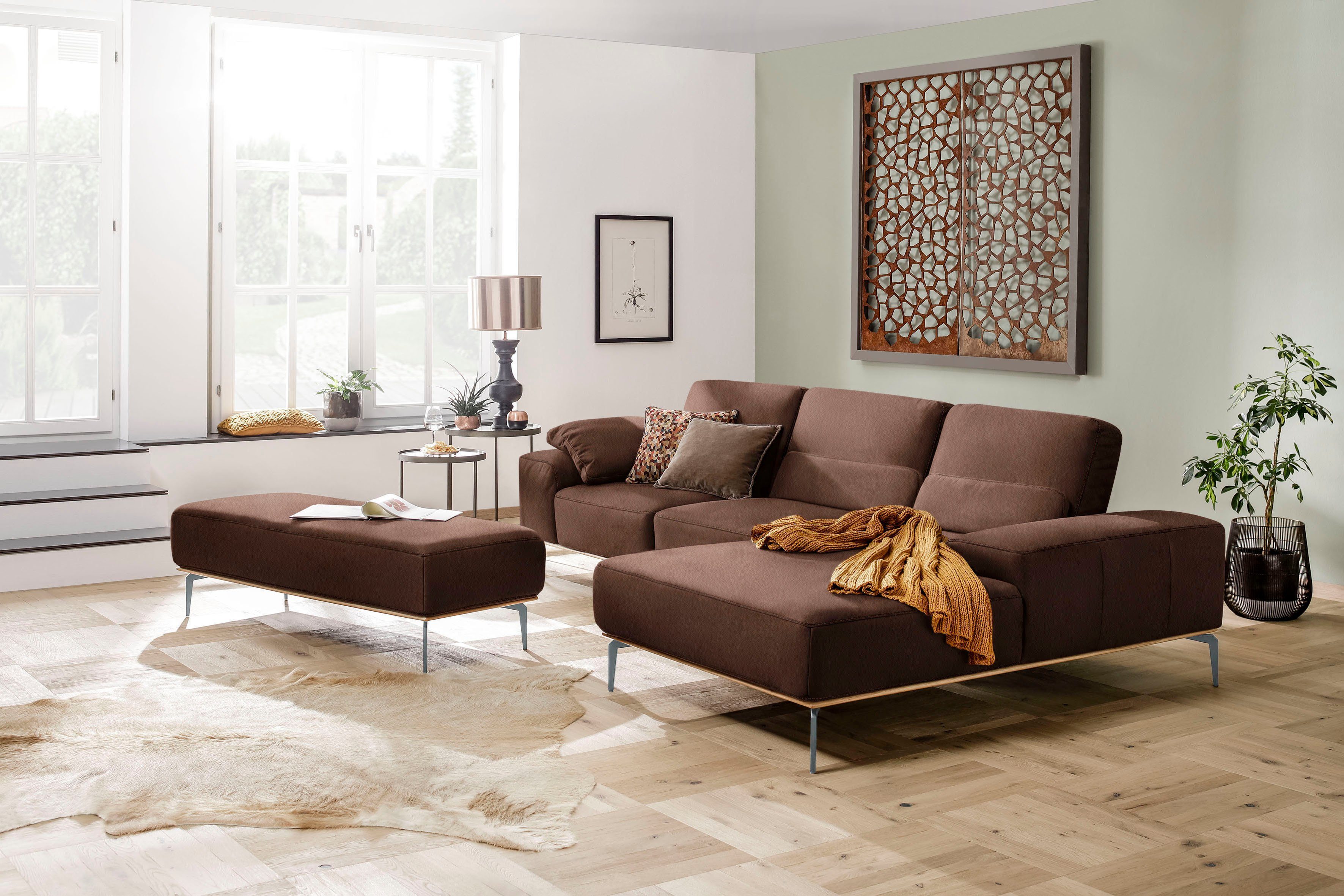 Füße matt, Breite W.SCHILLIG mit Holzsockel, run, Ecksofa elegantem in Silber cm 319