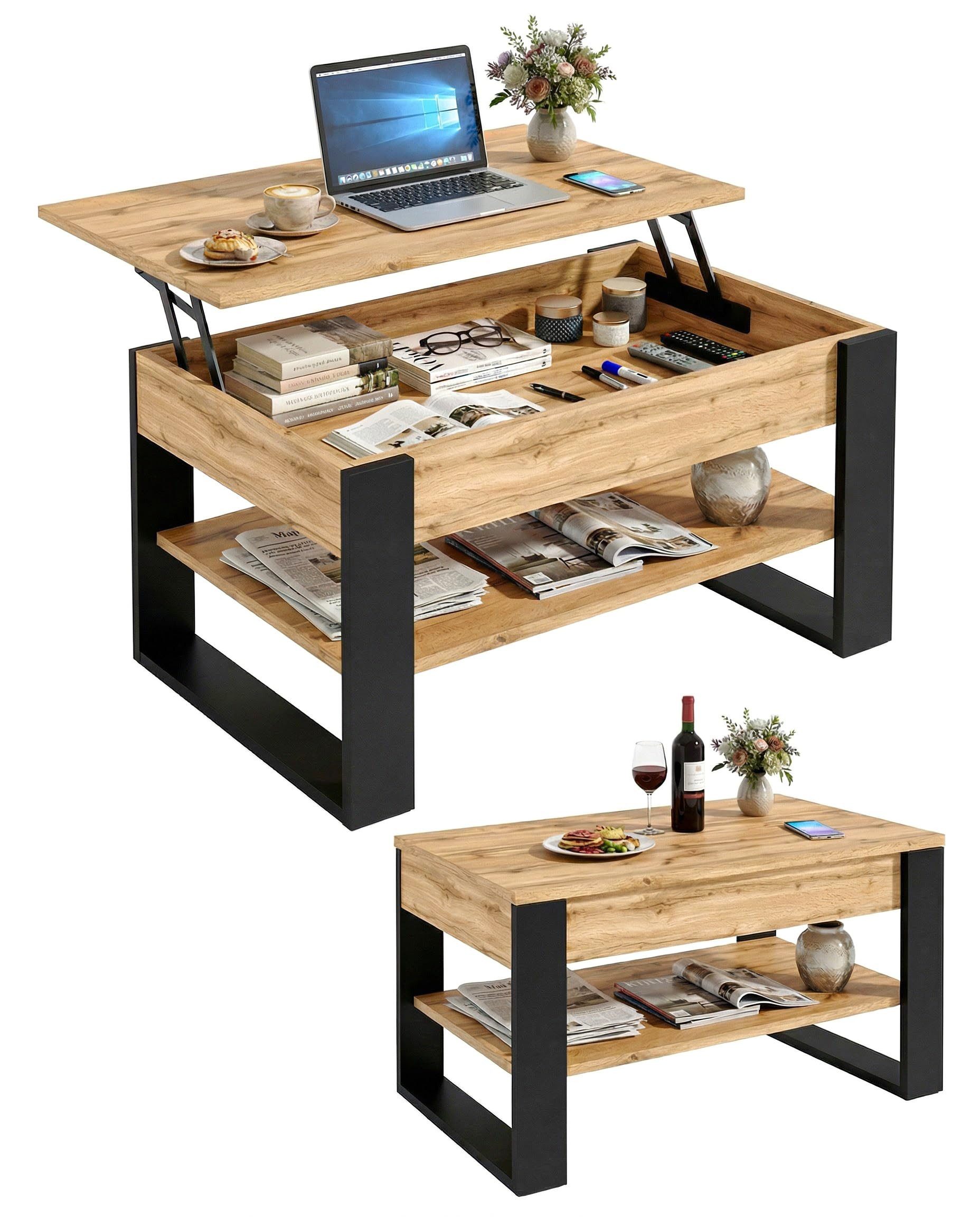 TREND WERK Couchtisch Lift-Couchtisch höhenverstellbar Sofatisch 92×54 cm mit Stauraum, verstecktem Fach Wohnzimmertisch Holz modern
