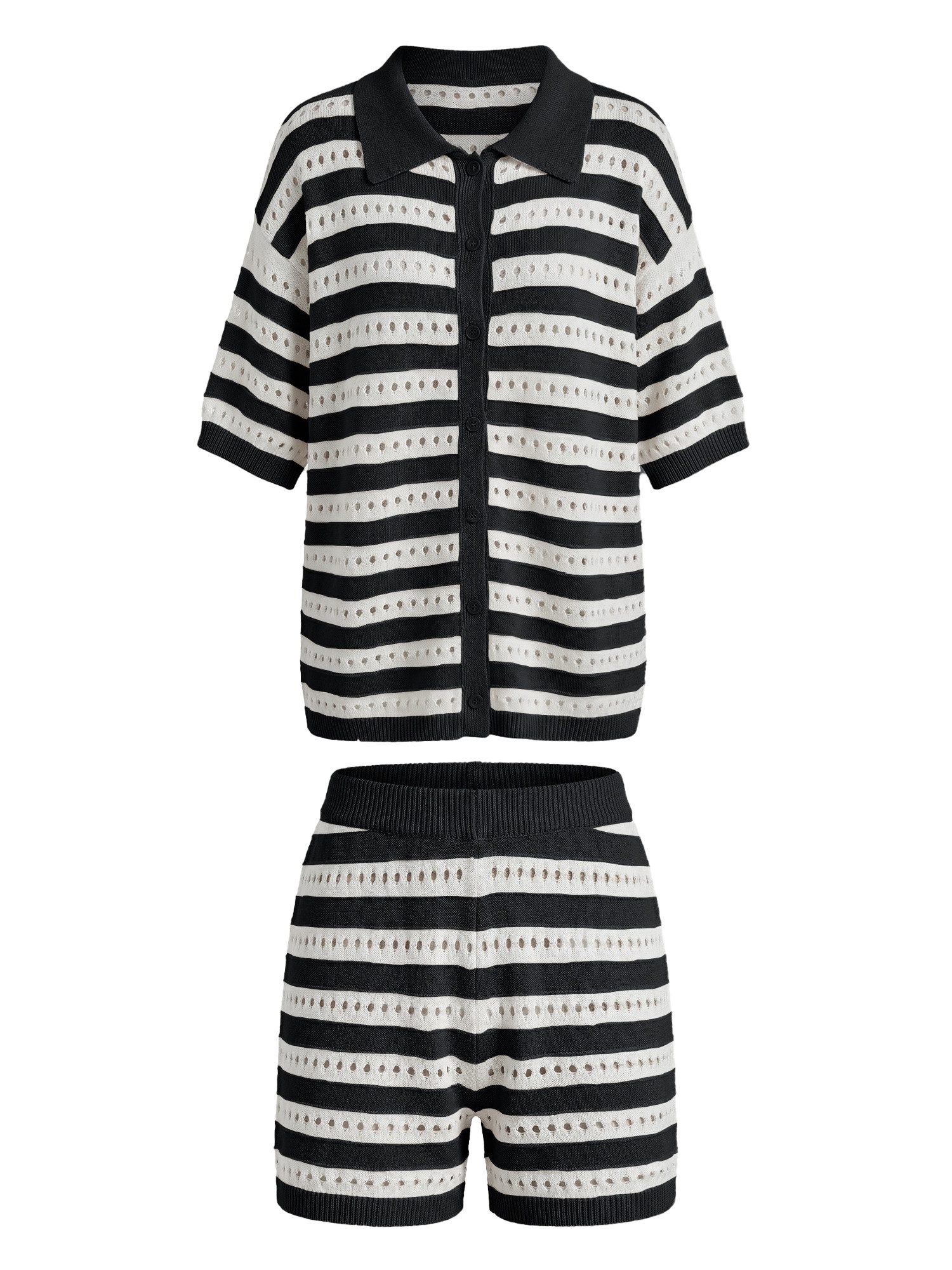 Imily Bela Hausanzug Damen Sommerliche 2-teilige Outfits (Set, 2 tlg., Strickhemd mit kurzen Ärmeln und Knöpfen + Shorts) Streifen