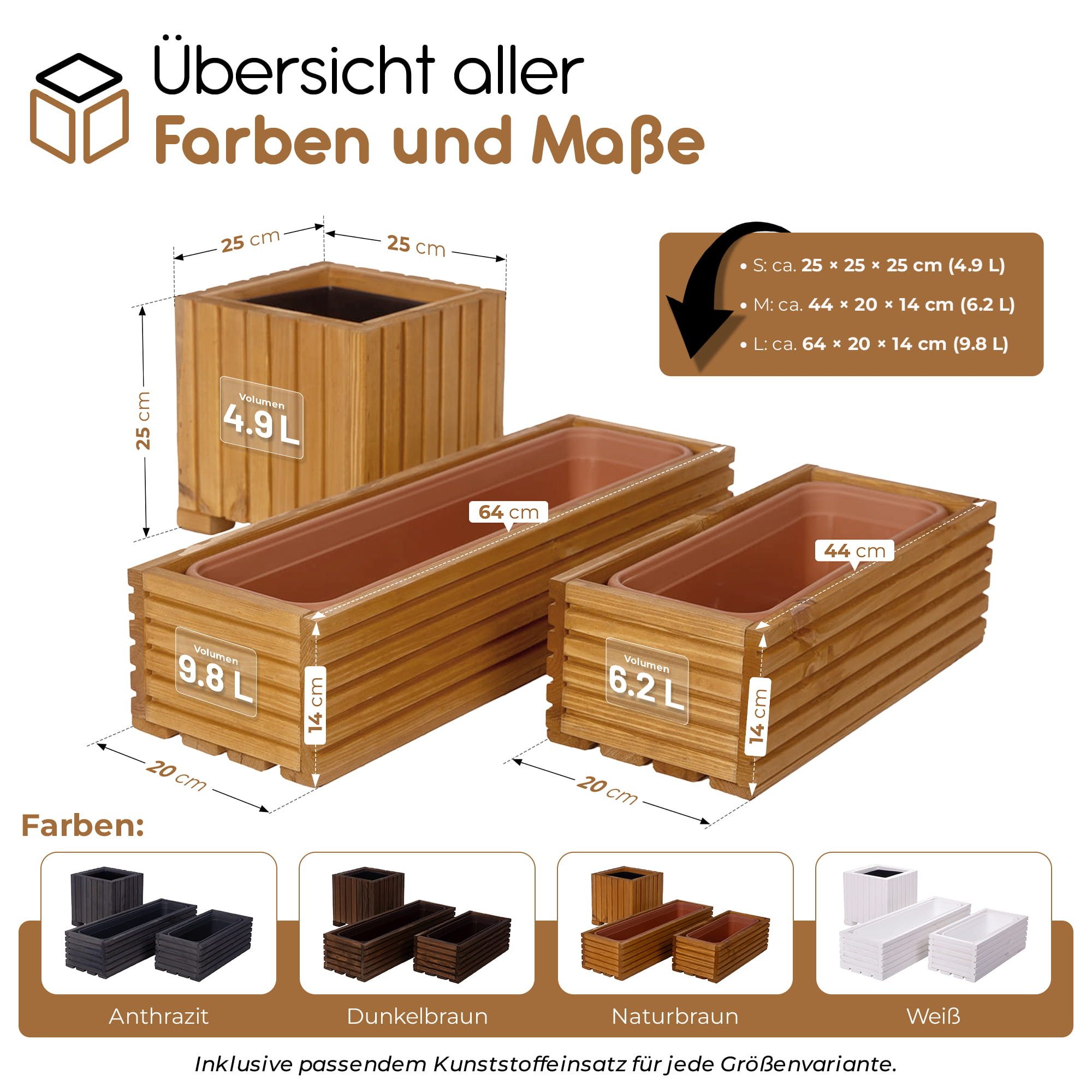 BooGardi Pflanzkübel Balkonkasten Blumenkasten mit Kunststoffeinsatz (Pflanzkasten · Weiß 44x20x14cm · 4 Farben · 3 Größen), Pflanzgefäß für Fensterbank · Balkon · Garten · Terrasse