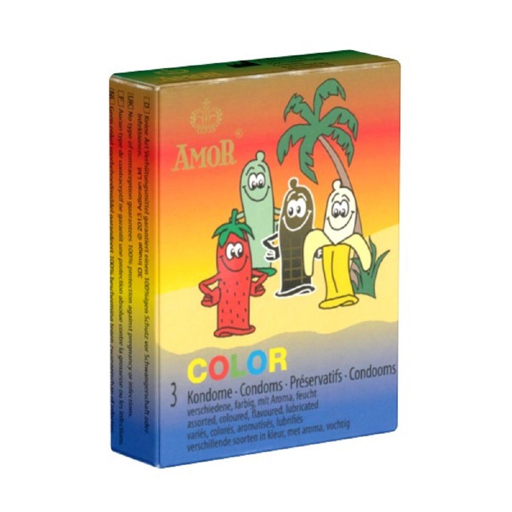 Amor Kondome Amor «Color» farbige, aromatisierte Kondome Packung mit, 3 St., Kondome im Sortiment für kunterbunte Abwechslung