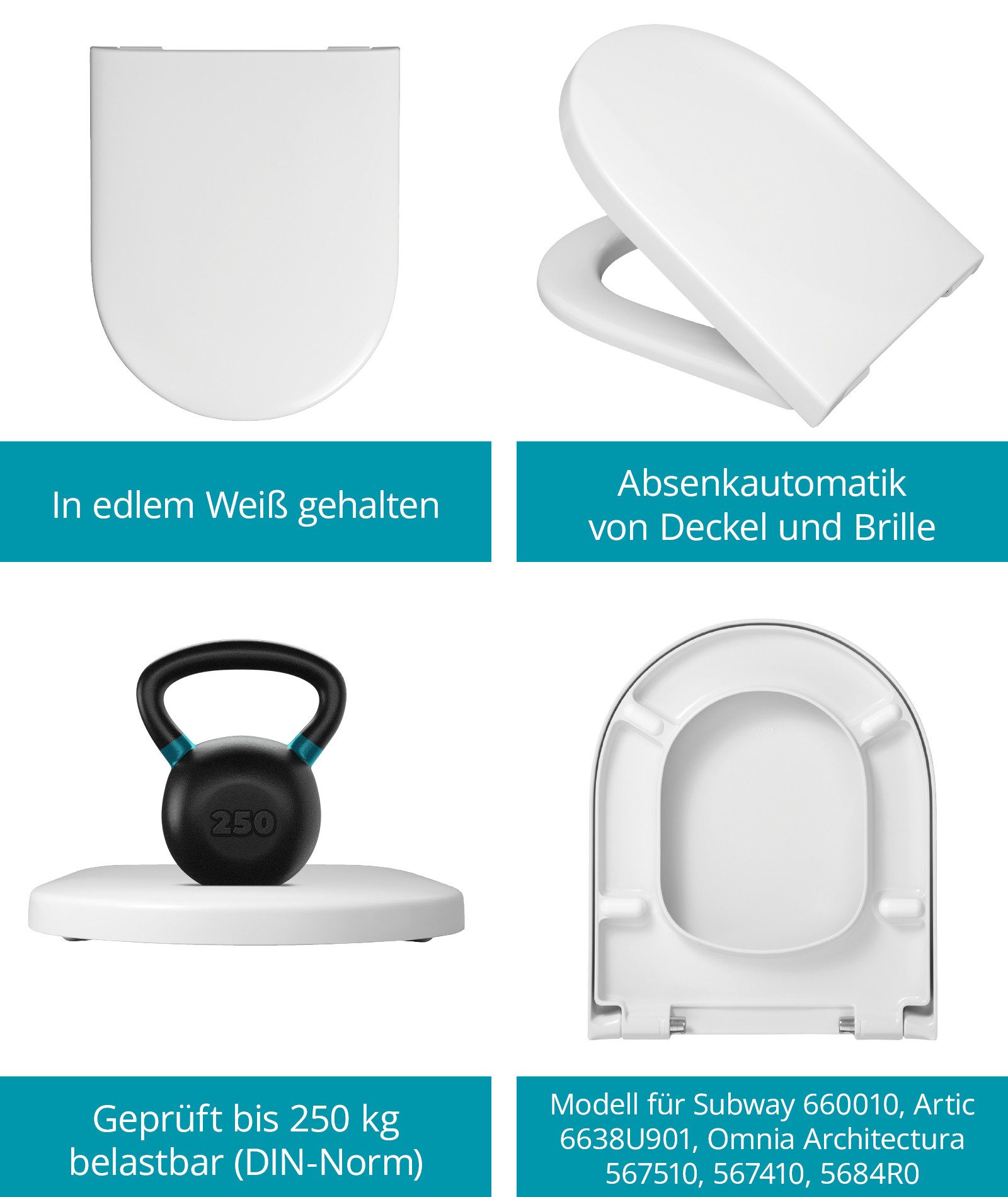 Calmwaters WC-Sitz Villeroy&Boch Subway, Artic, Architectura (Alternative Calmwaters), Überlappende D-Form. Absenkautomatik, Duroplast, 26LP3465