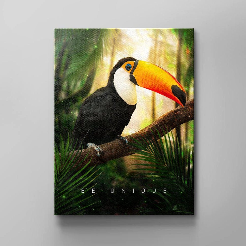 DOTCOMCANVAS® Leinwandbild BE UNIQUE, Englisch, Wandbild Motivation Vogel Dschungel grün orange schwarz rot weiß BE ohne Rahmen