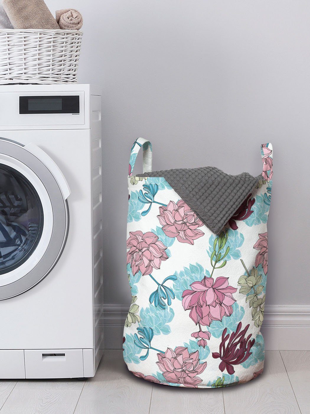 Abakuhaus Wäschesäckchen Wäschekorb mit Griffen Und Kordelzugverschluss Frühlings-Blätter Blau Pink für Wilde Waschsalons