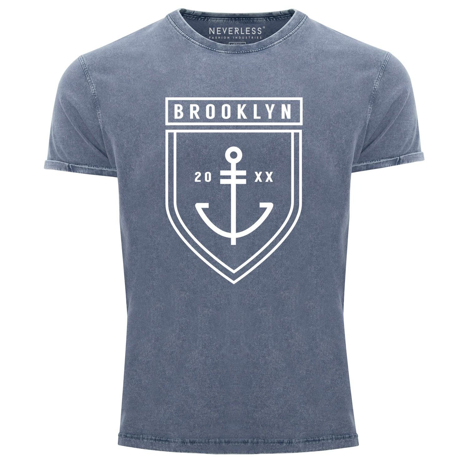 Neverless Print-Shirt Cooles Angesagtes Herren T-Shirt Vintage Shirt Brooklyn Anker Aufdruck Used Look Slim Fit Neverless® mit Print blau | T-Shirts