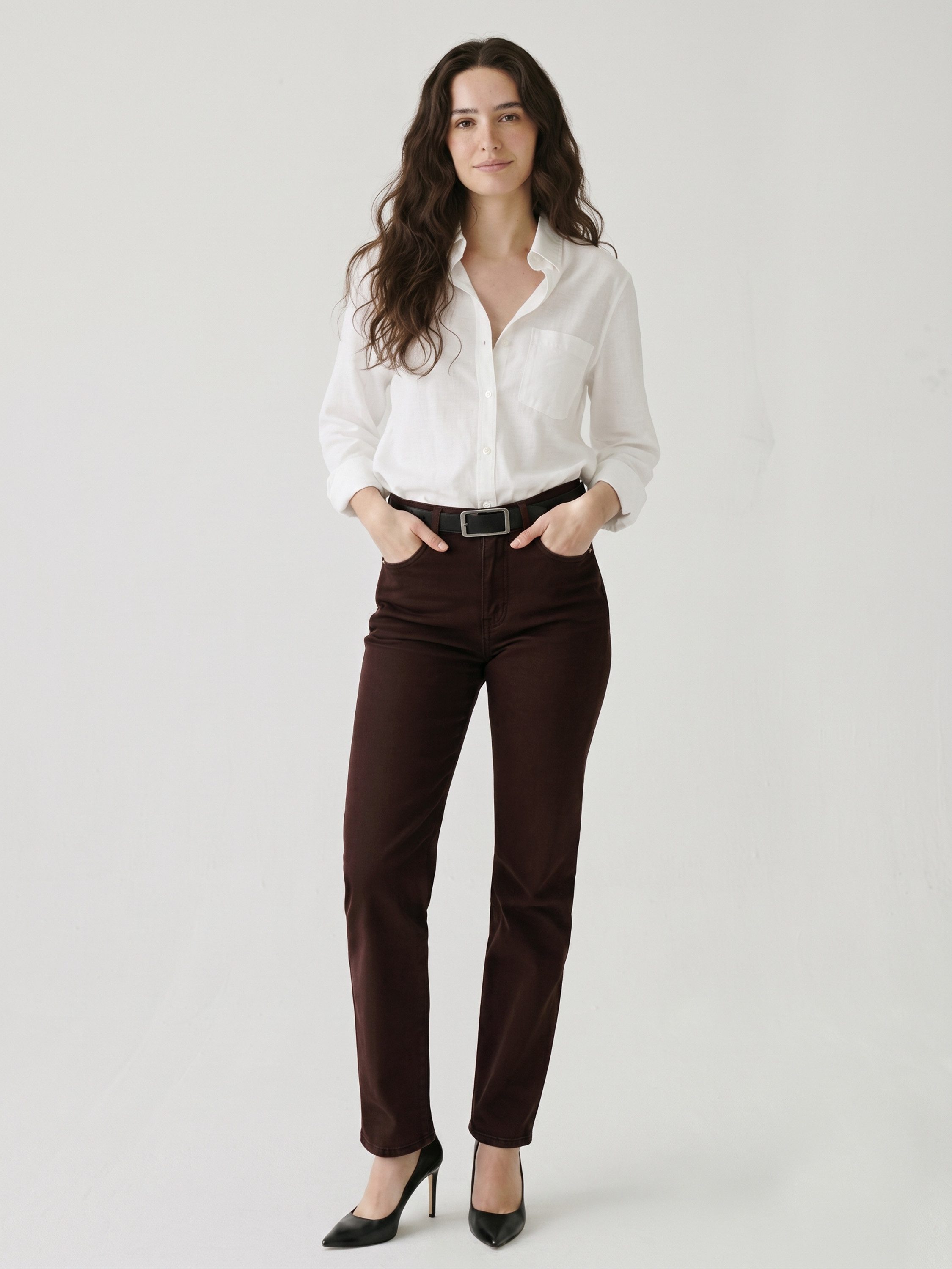 ESRA Stoffhose Damen Straight Fit Hose High Waist Business-Hose bis Große Größe T101 High Waist Damen Stoffhose Straight Leg Stretch Hose Gerade Schnitt