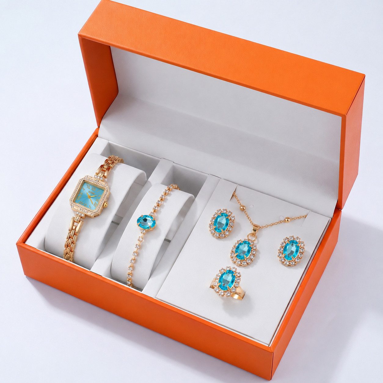 Futicare Quarzuhr Damen-Schmuckset mit Armbanduhr, Halskette, Armband, Ohrringen & Ring, (5-tlg., Ideal für Alltag, Reisen, Urlaub, Hochzeit, Party und festliche), Auch als Geschenk zu Weihnachten, Valentinstag, Muttertag & Geburtstag