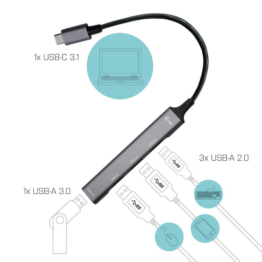 I-TEC USB-Verteiler USB-C Metal HUB 1x USB 3.0 + 3x USB 2.0, Silber mit integriertem USB-C-Kabel