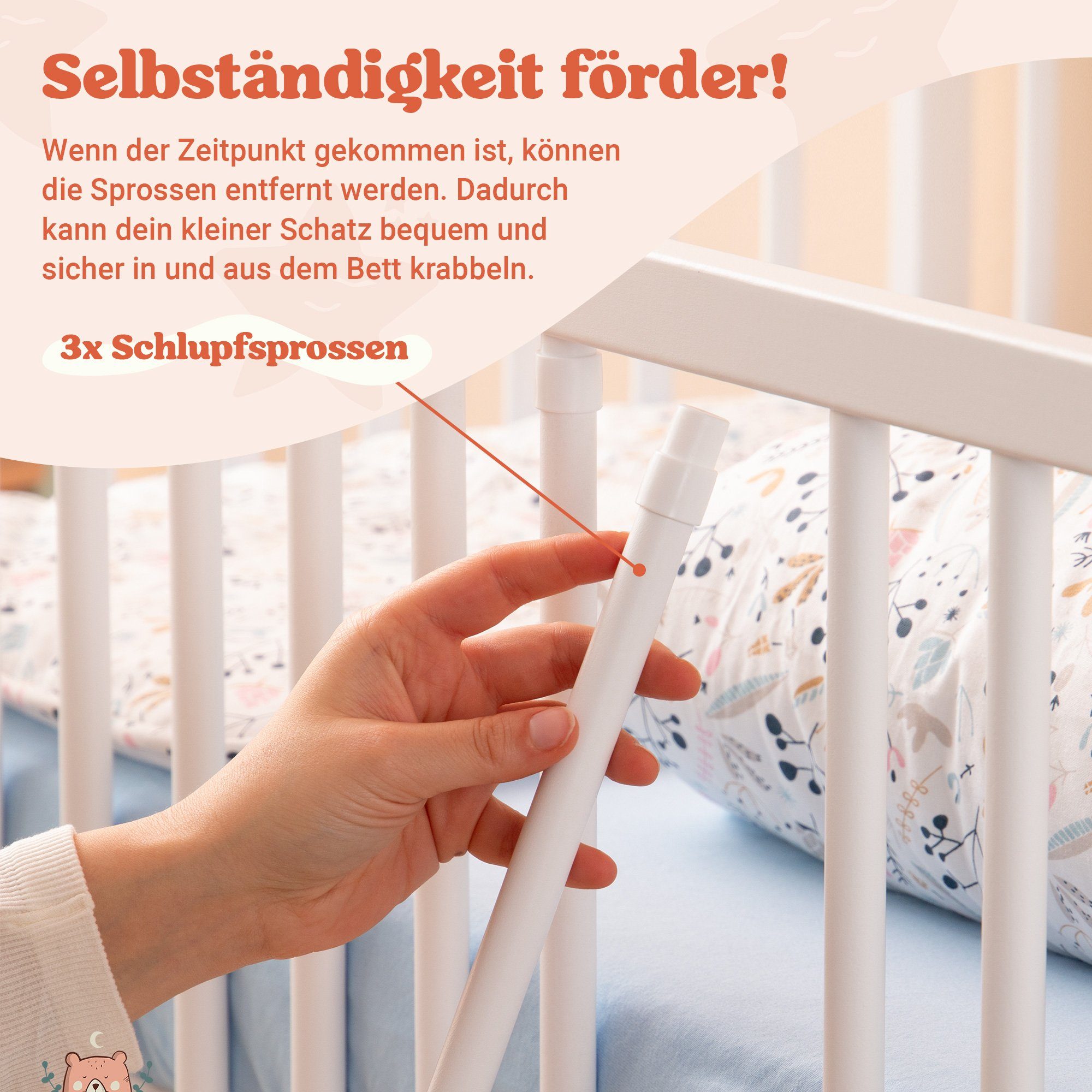 Alcube Babybett - ohne I mit FINN Nachhaltig mit höhenverstellbar Babybett Buche Lattenrost Schublade und umbaubar Weiß FSC®-Zertifikat, aus 60x120