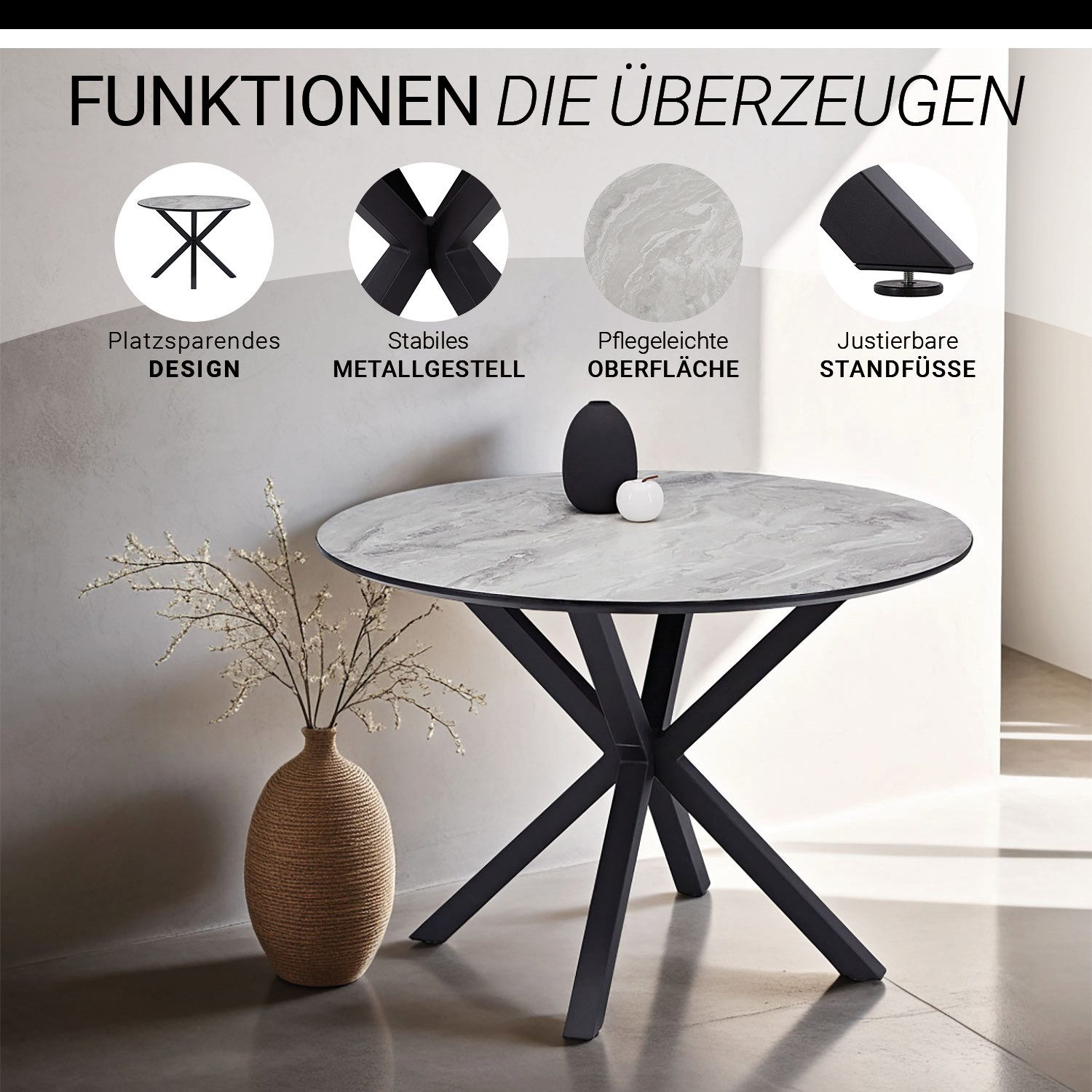 Homestyle4u Essgruppe rund Esstisch mit 2 Stühle 4 Stühle Ø110 Samt Grau Metallgestell Stein, (5-tlg), 5-teilig, kratzfest, spritzwasserfest, Tisch mit Essstuhl – Bild 2 von 5