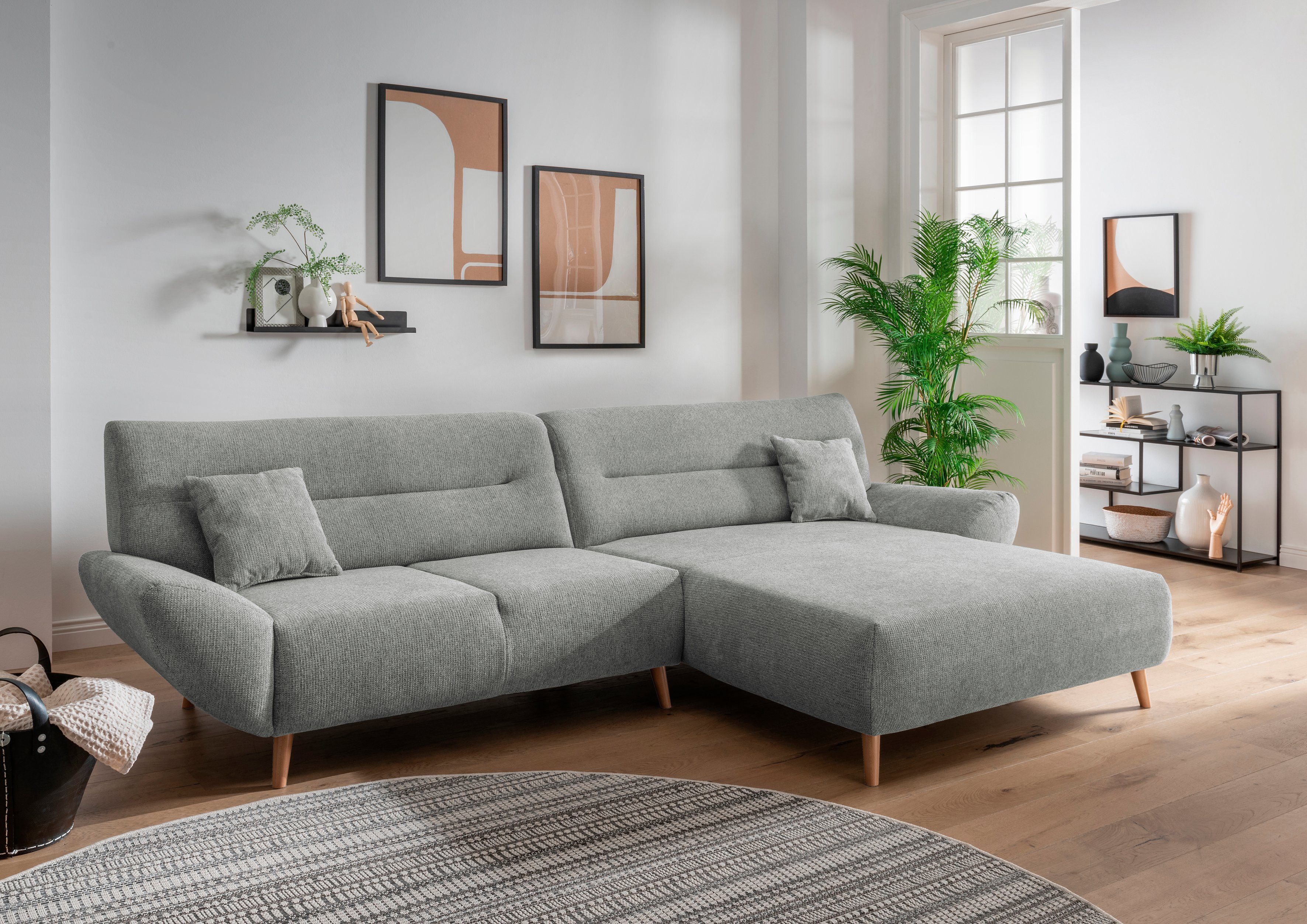 INOSIGN Ecksofa Drago, elegant und zeitlos, komfortabel, Holzfuß, L-Form, frei im Raum stellbar, inkl. 2 Zierkissen