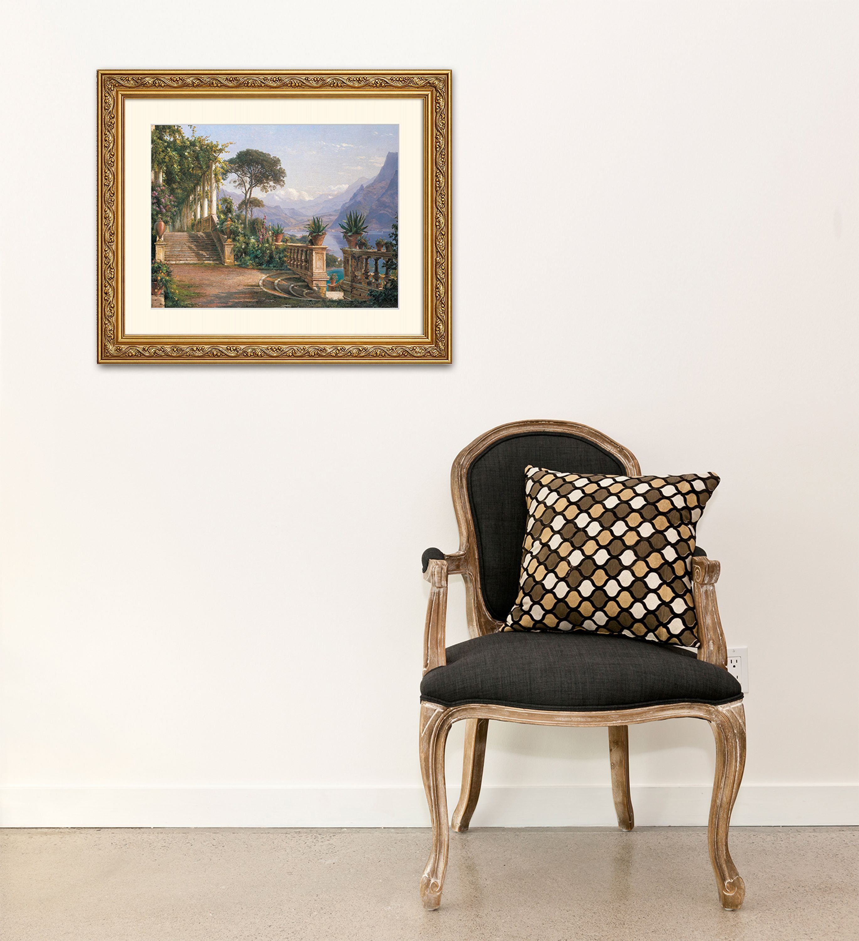 artissimo Bild mit Rahmen Wandbild gerahmt 63x53 cm Kunstdruck mit Passepartout & Barock-Rahmen, Carl Frederic Aagaard: Lodge on Lake Como