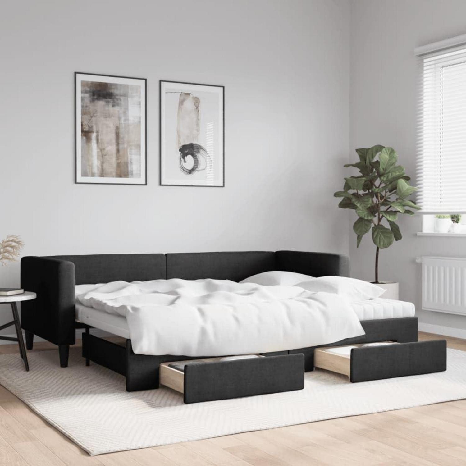 LuxusKollektion Schlafsofa Tagesbett Ausziehbar 80 x 200 mit Bettkasten & Schublade Schwarz