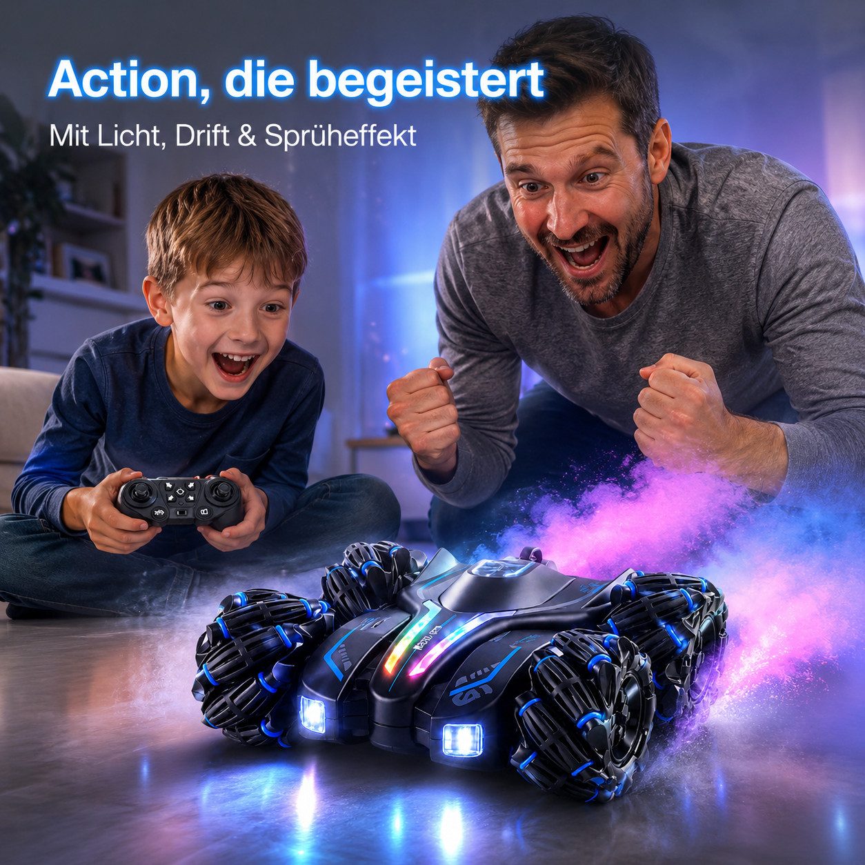 Goldstern-Tech RC-Auto (Steuerung per Fernbedienung & Handgesten, Soundeffekte für ein immersives Spielerlebnis, 2 Akkus), 360° Stunt Car mit Drift, Rauch & LED-Licht