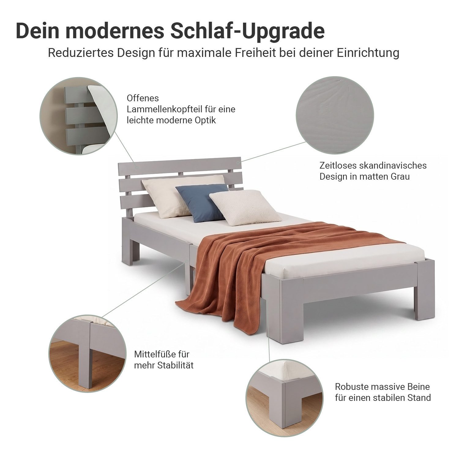 Homestyle4u Massivholzbett 90x200 120x200 140x200 160x200 180x200 Doppelbett Kopfteil Lattenrost (Set, mit Lattenrost, Grau), 90x200, modern, stabil