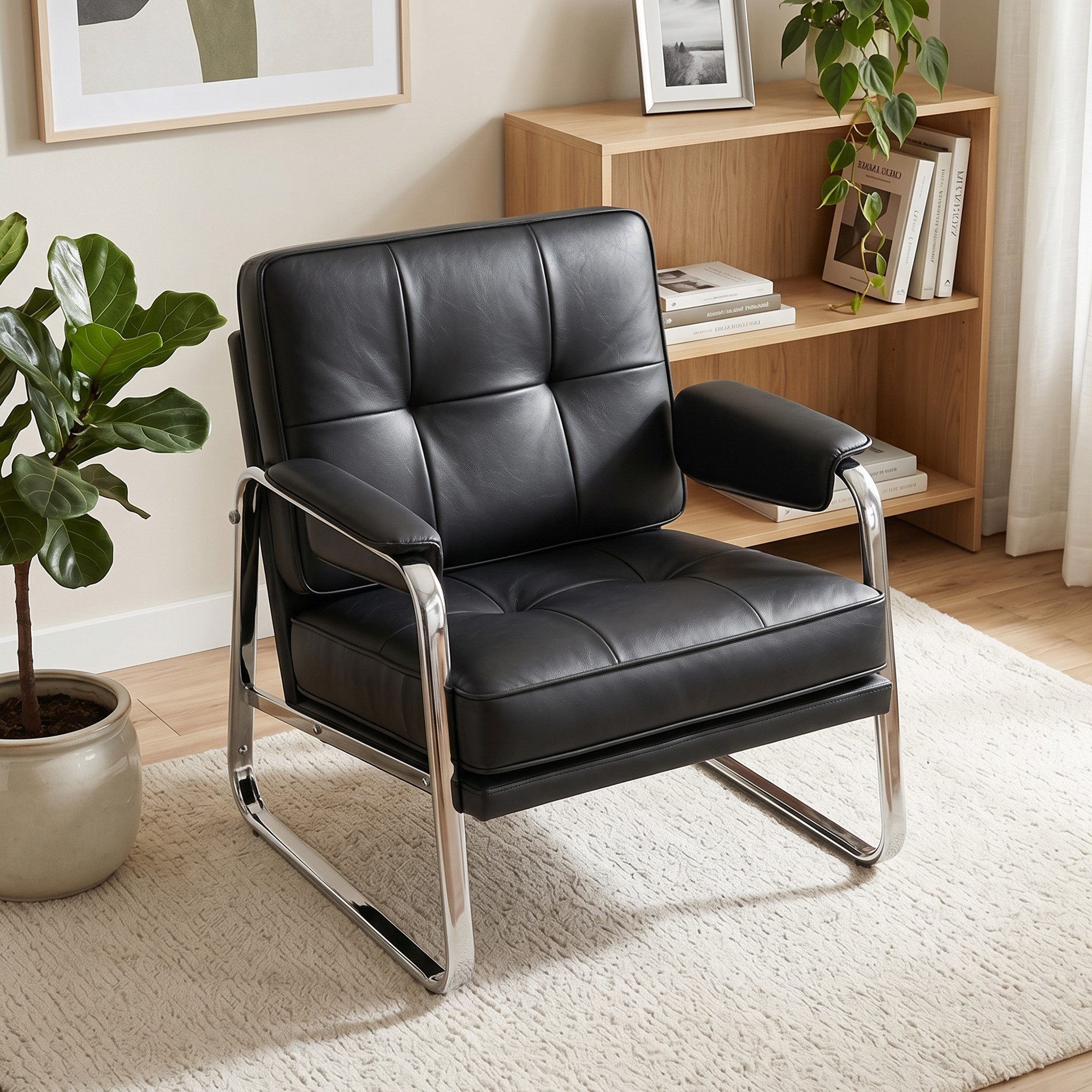 HOMCOM Sessel Loungesessel, Armlehnen, mit Stahlbeinen, aus Kunstleder (Polstersessel, 1-St., Relaxsessel), Knopfheftung, breite Sitzfläche, dicker Schaumstoff