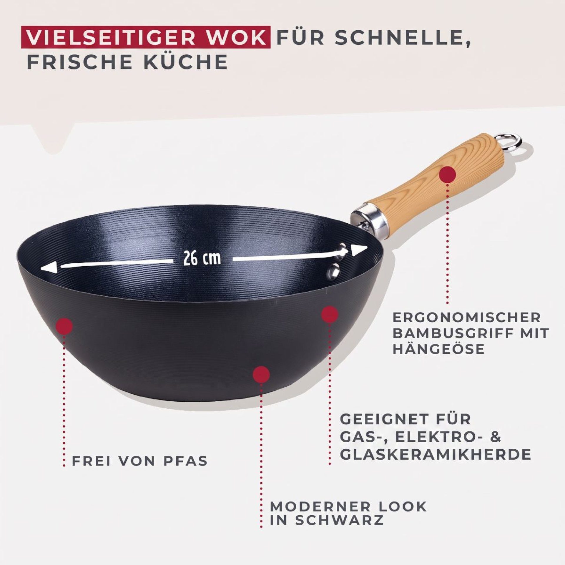 FACKELMANN Wok Antihaft-Wokpfanne, Karbonstahl-Wok, Asiatische Bratpfanne