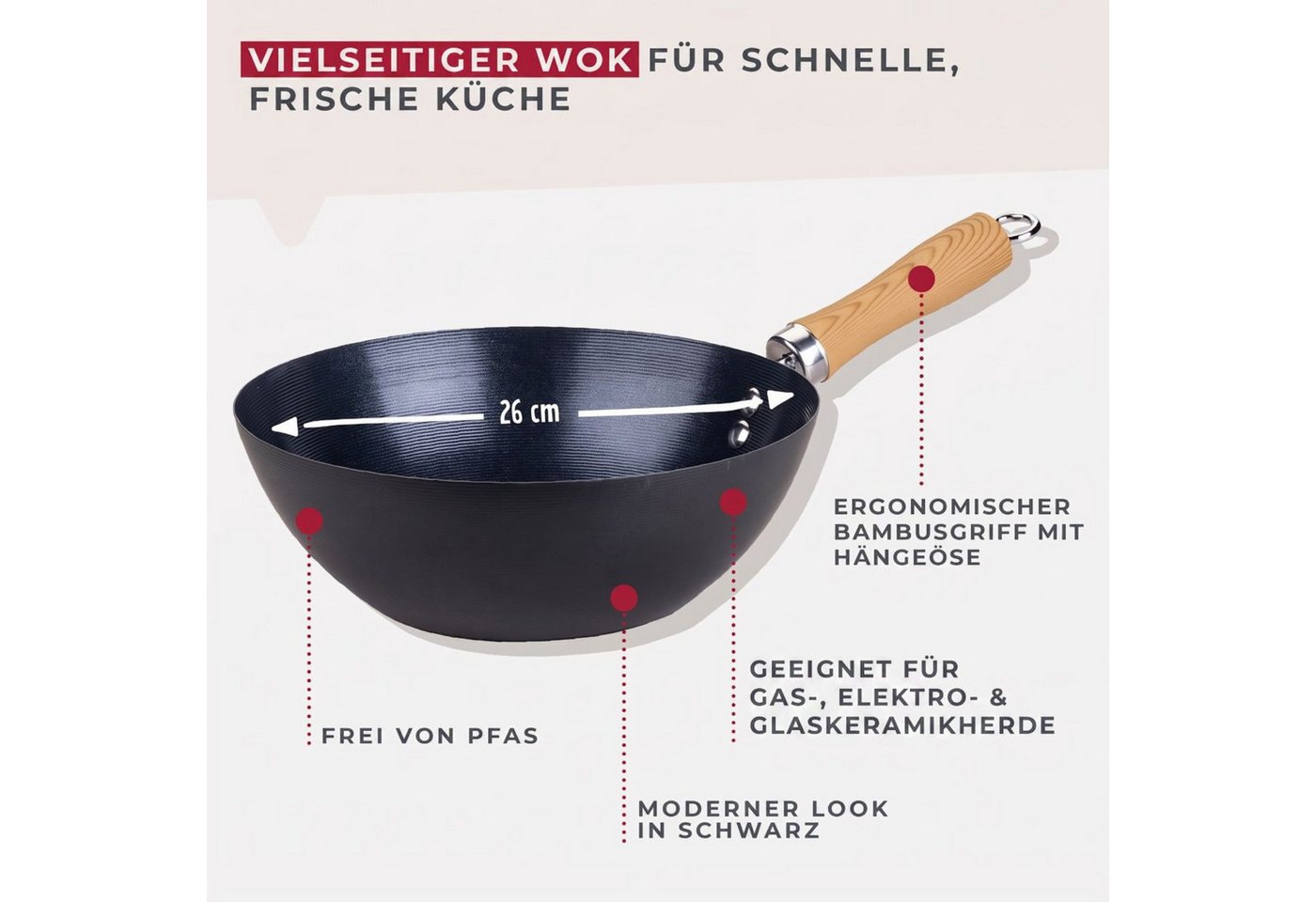 FACKELMANN Wok Antihaft-Wokpfanne, Karbonstahl-Wok, Asiatische Bratpfanne