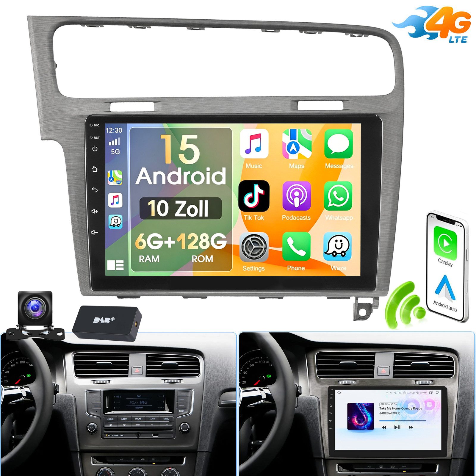 ESSGOO Für Golf 7 2013-2017 6+128GB 8-Kern NAVI Carplay QLED Autoradio (RDS, Digitalradio (DAB), FM, AM, Apple Carplay Android Auto 4G LTE ASP SWC BT GPS)