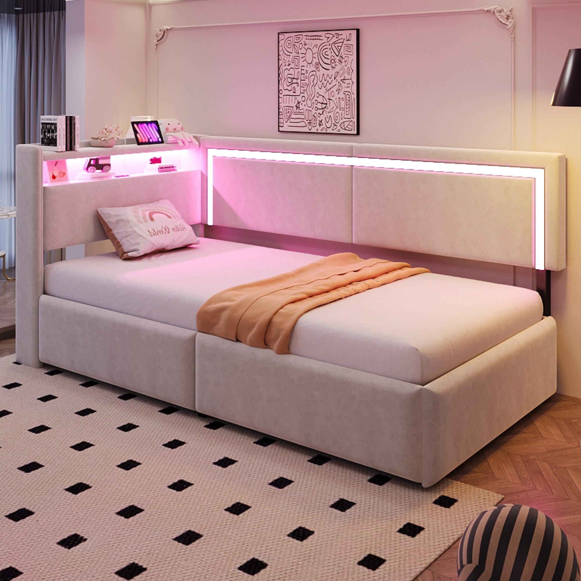 Flieks Daybett, Polsterbett 90x200cm mit hydraulischem Stauraum LED-Leiste günstig online kaufen