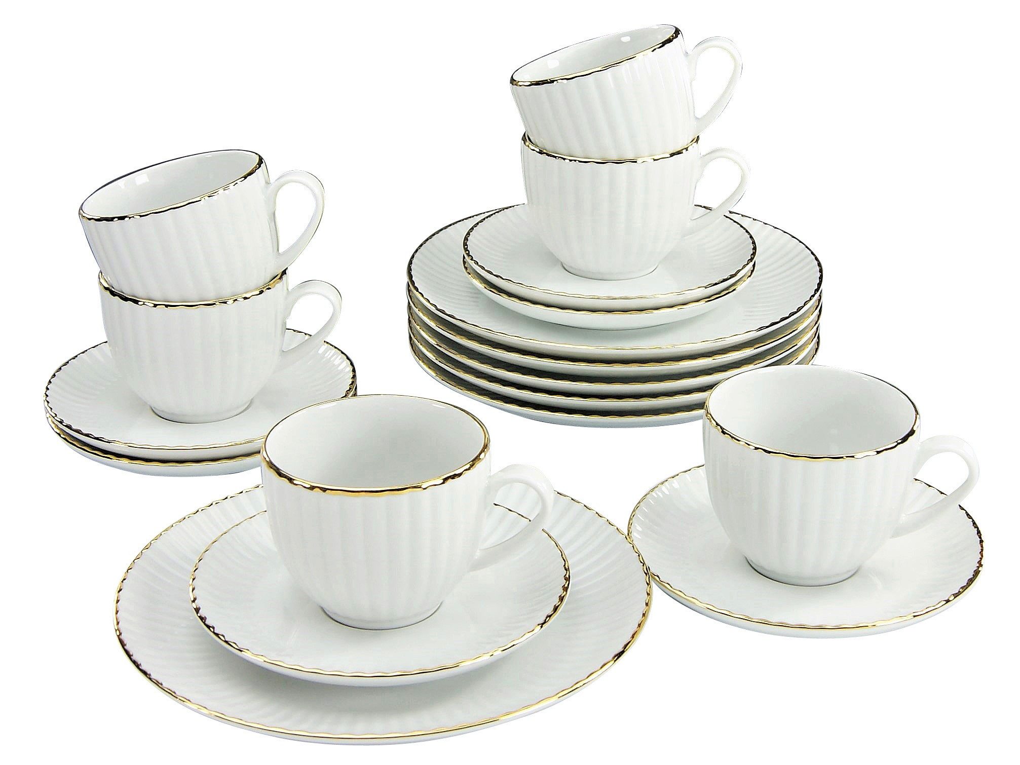 my home Kaffeeservice Geschirr-Set, Service Elisetta (18-tlg), 6 Personen, Porzellan, Goldband, Made in Europe, 18 Teile, für 6 Personen