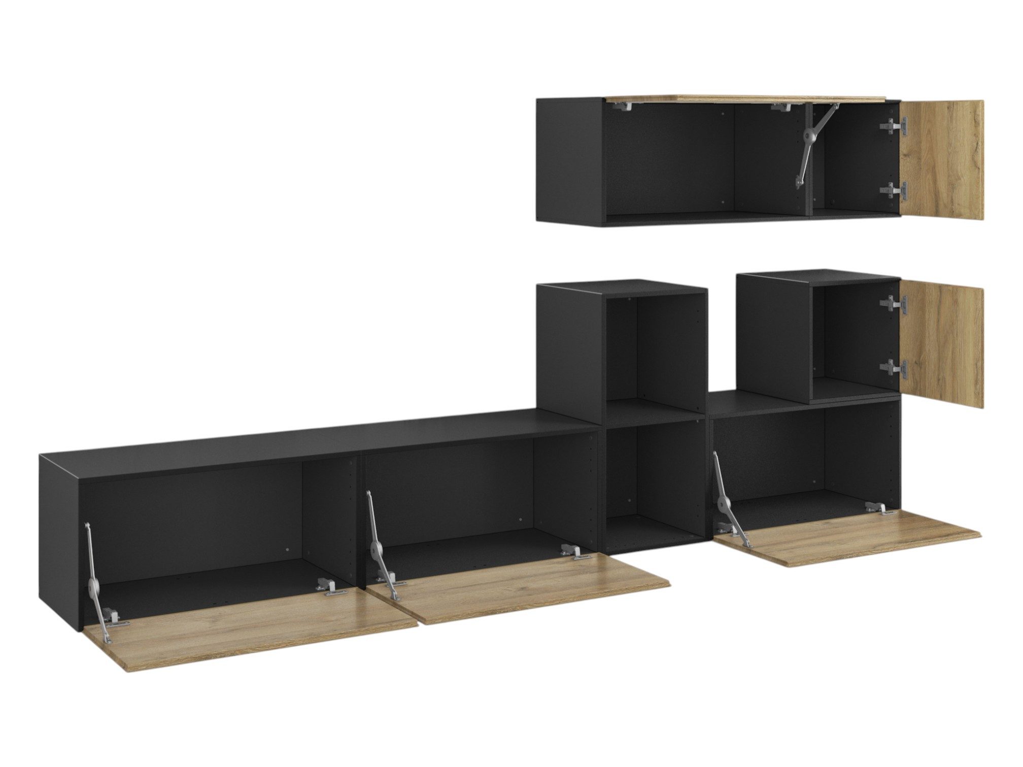 moebel-dich-auf Wohnwand VARIANTO 1, (7- teilig., besteht aus 4x Schrank mit Klappe, 2x Schrank mit Tür,1x offenes Regal), MDF Fronten tiefgezogen, Softclose