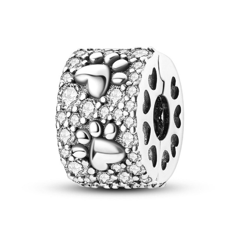 PANDACHARMS Bead Pfotenabdruck mit Herzen Clip für Armband, 925er Silber, Zirkonia