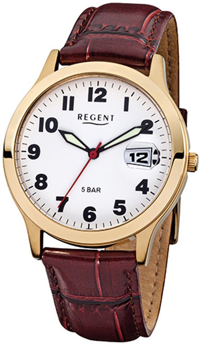 Regent Lederarmband Analog Regent braun F-789, Armbanduhr Herren Herren-Armbanduhr (ca. mittel 39mm), Quarzuhr rund,