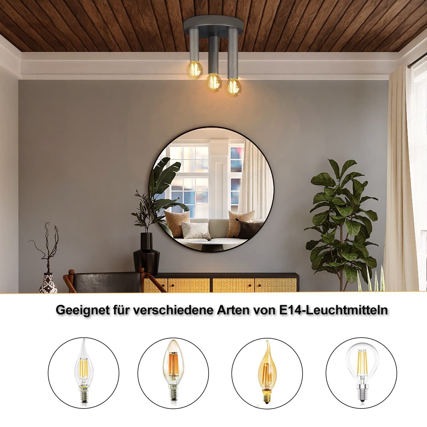 ZMH Deckenleuchte Grau Vintage E14 Industrial Metall Retro Küche Flur bar, ohne Leuchtmittel, ohne Leuchtmittel