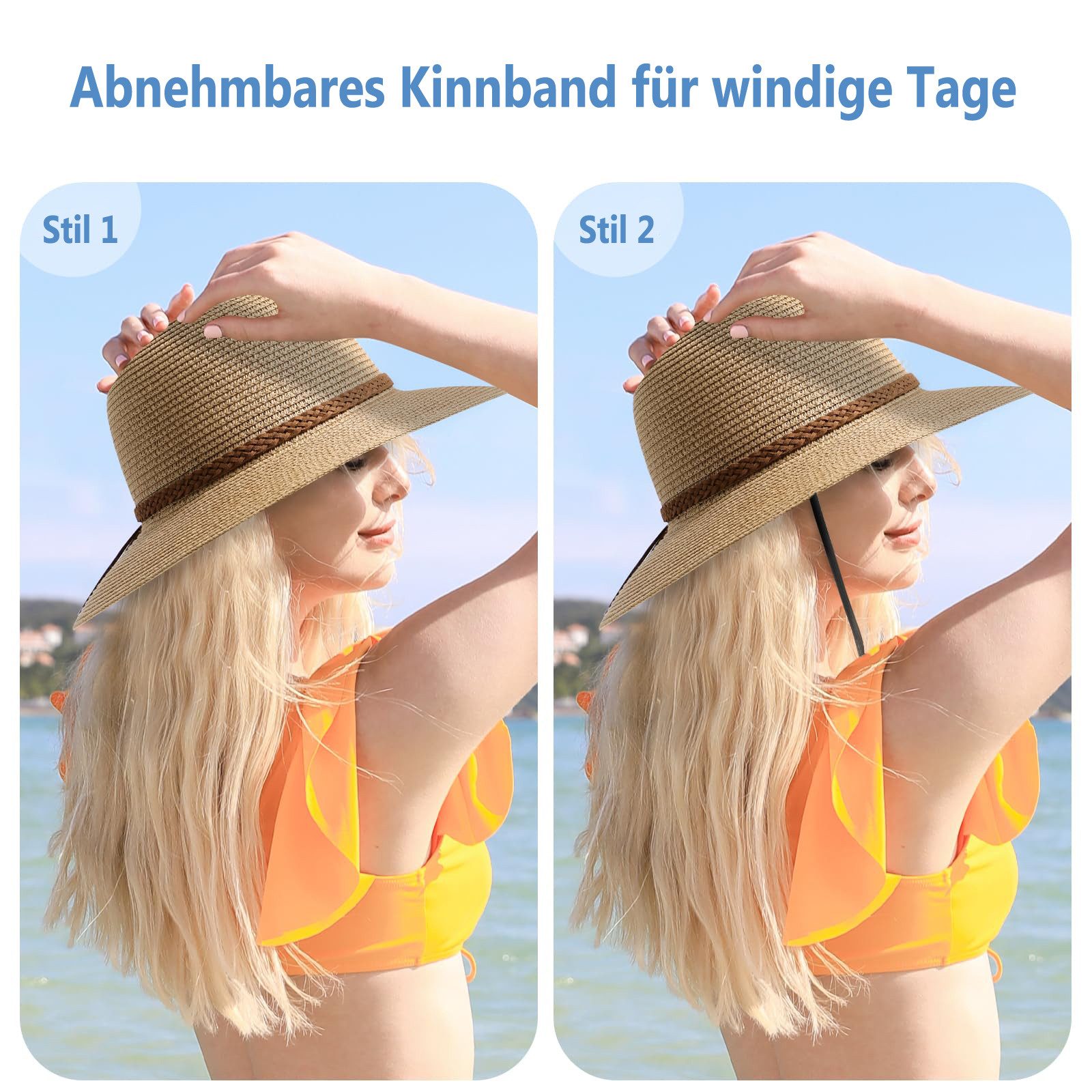 Zaewry Sonnenhut Damen-Strohhut für den Strand, breitkrempiger Sommerhut für Damen faltbarer Damen-Sonnenhut mit UV-Schutz