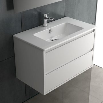 Alpenberger Badezimmer-Set 80 cm breit - Bad Waschbecken Gäste WC Komplettset in Glänzend Weiß, (Komplett-Set Vormontiert, 2-St., Waschbecken mit Unterschrank), Waschtischunterschrank mit Softclose - Badezimmerhängeschrank