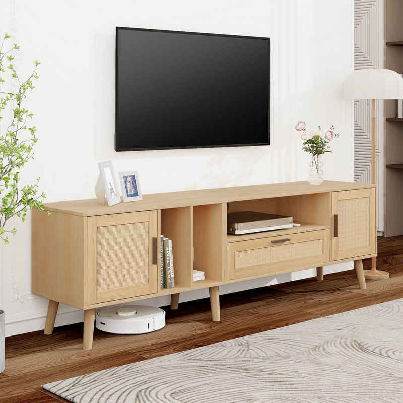REDOM TV-Schrank Lowboard (für einen 80-Zoll-Fernseher) mit 2 Türen und einer Schublade, 180-cm-TV-Schrank, Rattan
