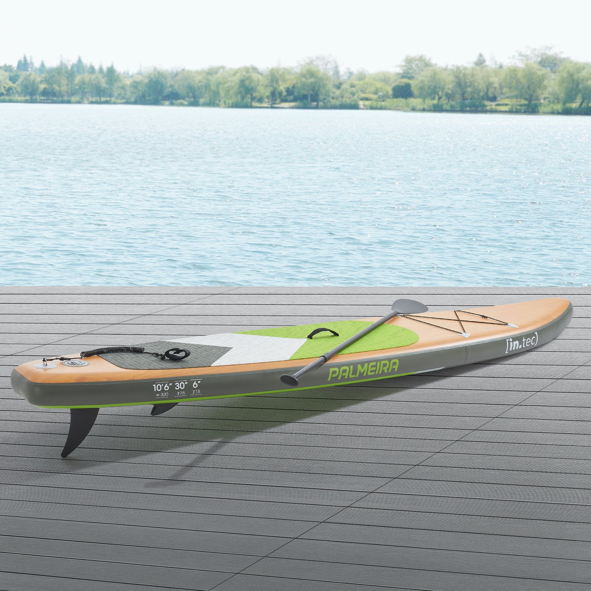 Paddleboard SUP-Board, 320x76x15cm in.tec Palmeira Grün/Holzoptik/Grau