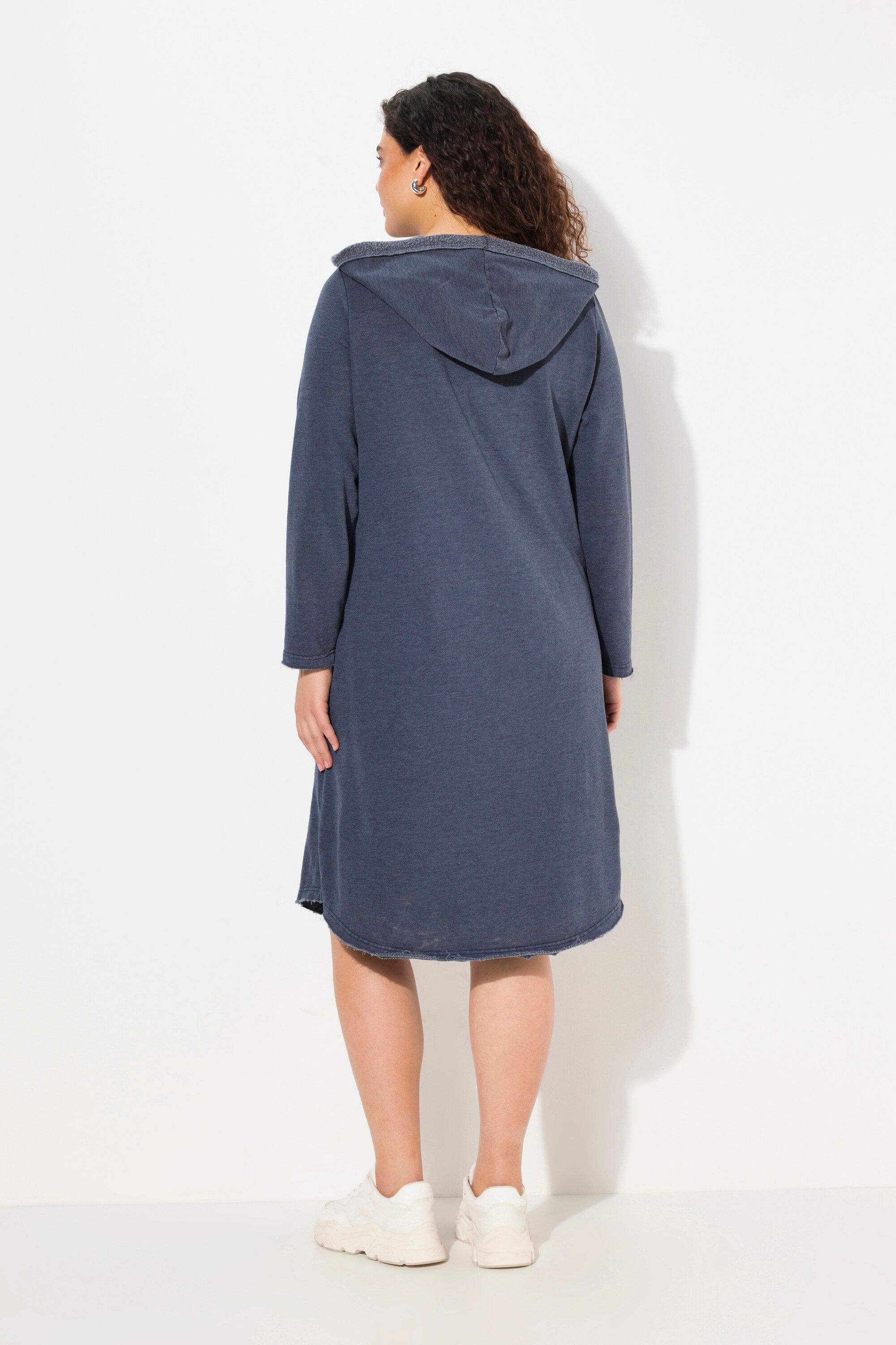 Ulla Popken Midikleid Sweatkleid offenkantig Kapuze V-Ausschnitt Langarm