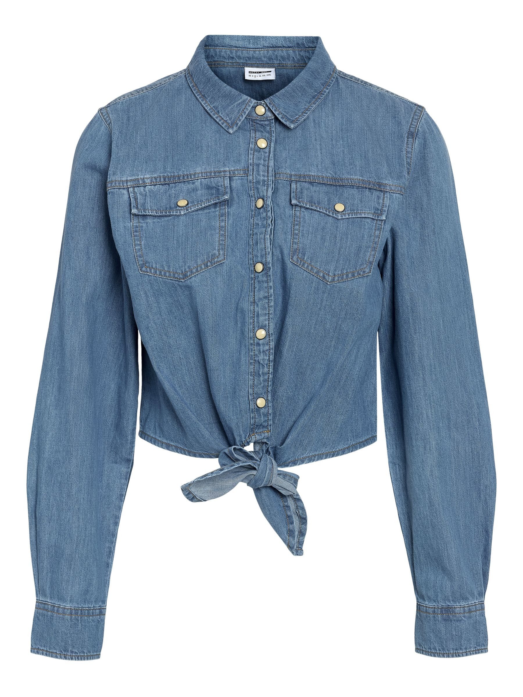 Noisy may Blusenshirt Locker Geschnittene Jeansbluse für Damen (1-tlg) Baumwolle Normal Fit Knopfleiste Langarm Einfarbig