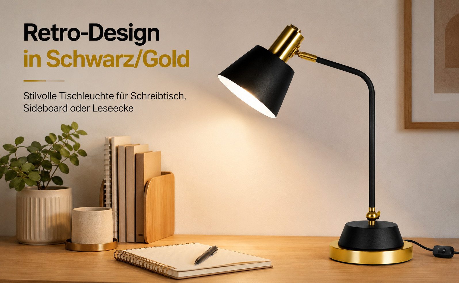 BlingBin Schreibtischlampe Retro Tischleuchte aus Metall, E27, verstellbar, mit Kabelschalter, ohne Leuchtmittel, Nachttischlampe Arbeitsleuchte mit Stecker & K – Bild 4 von 5