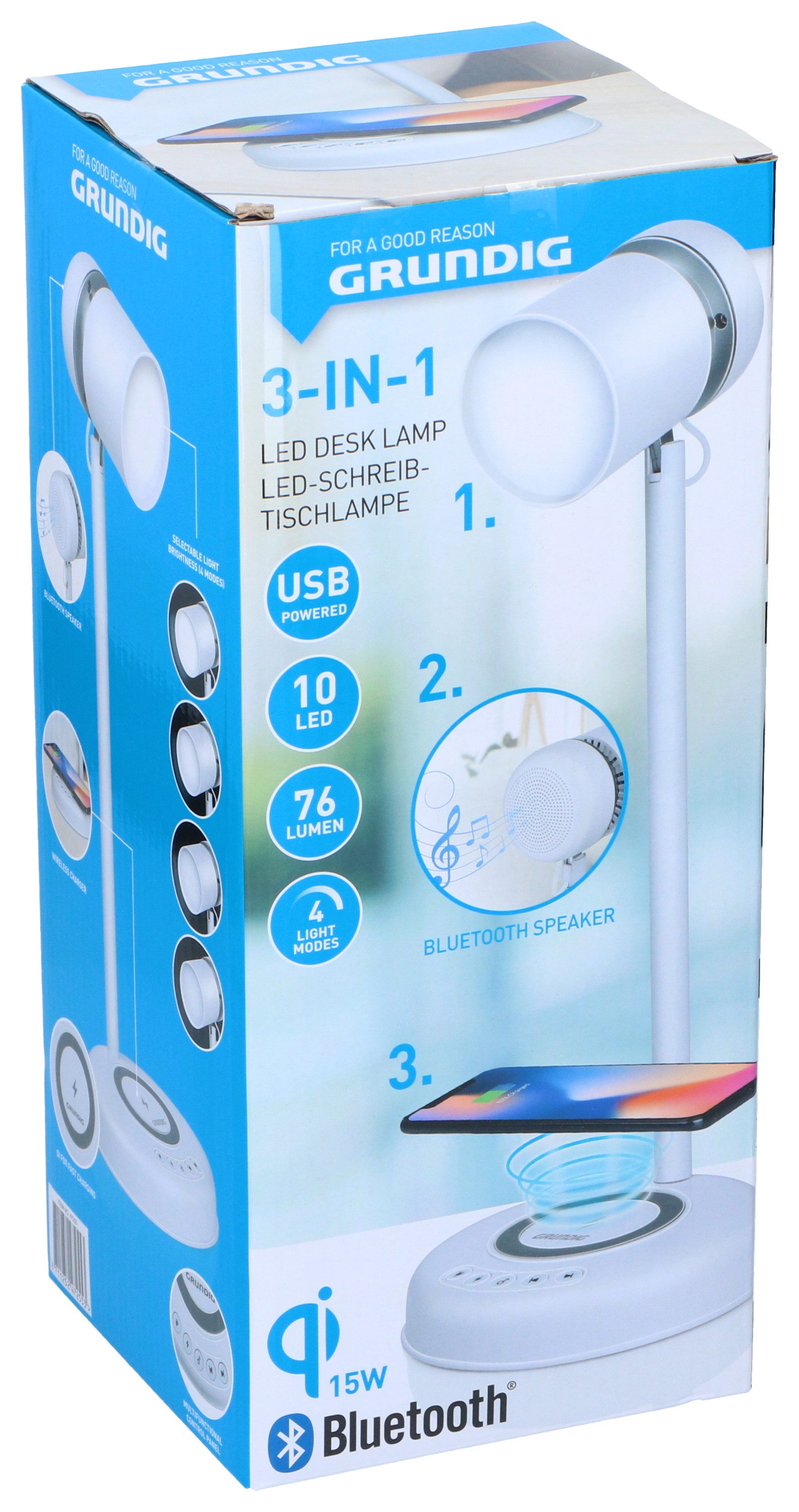 Grundig LED Schreibtischlampe Leuchte 3in1 Wireless Charger Qi Handy Ladestation Lautsprecher