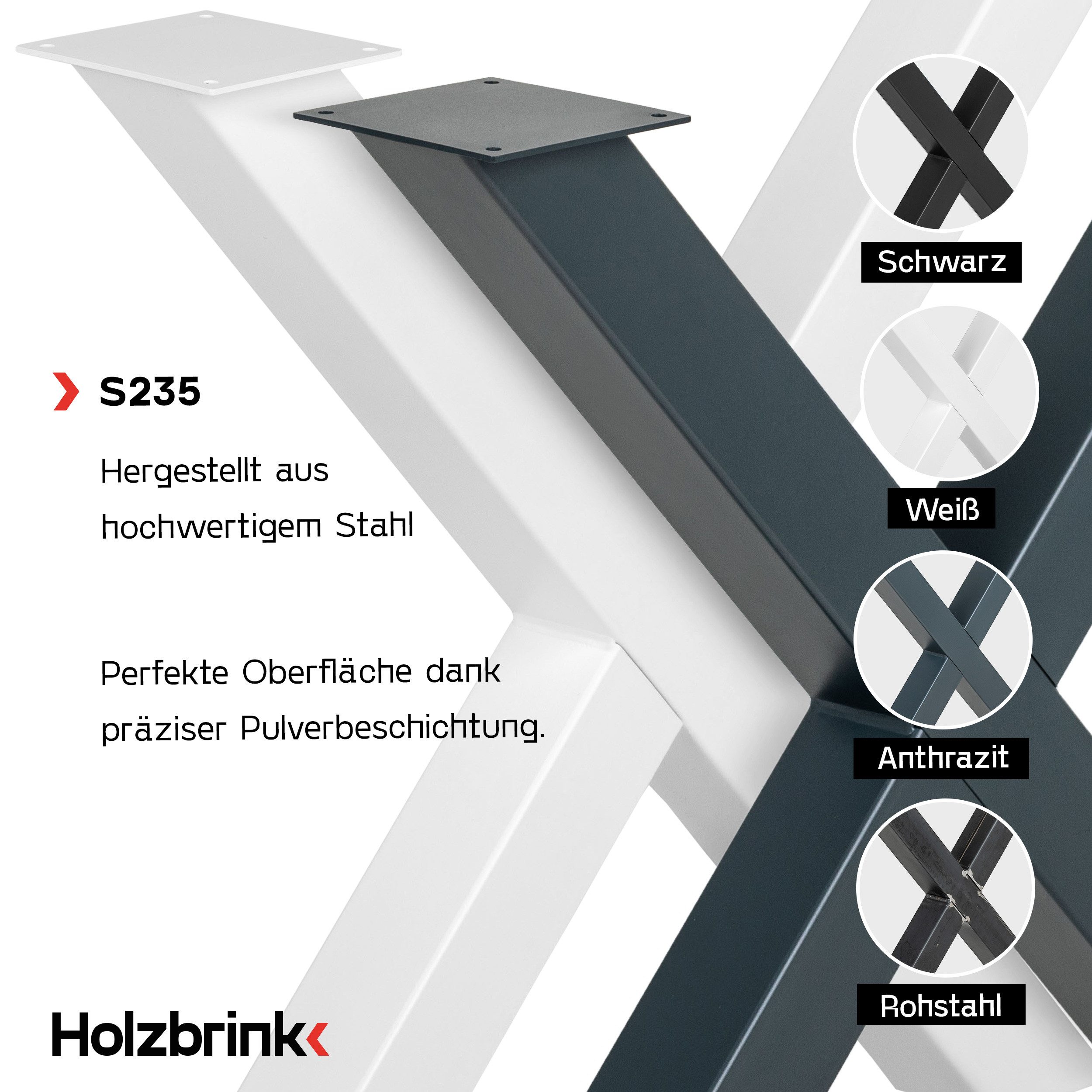 HOLZBRINK Tischbein Tischbeine Metall Rohstahl mit Klarlack X-form, Tischkufen/Tischgestell für Couchtisch 1 Stück Möbelfüße 30x43 cm